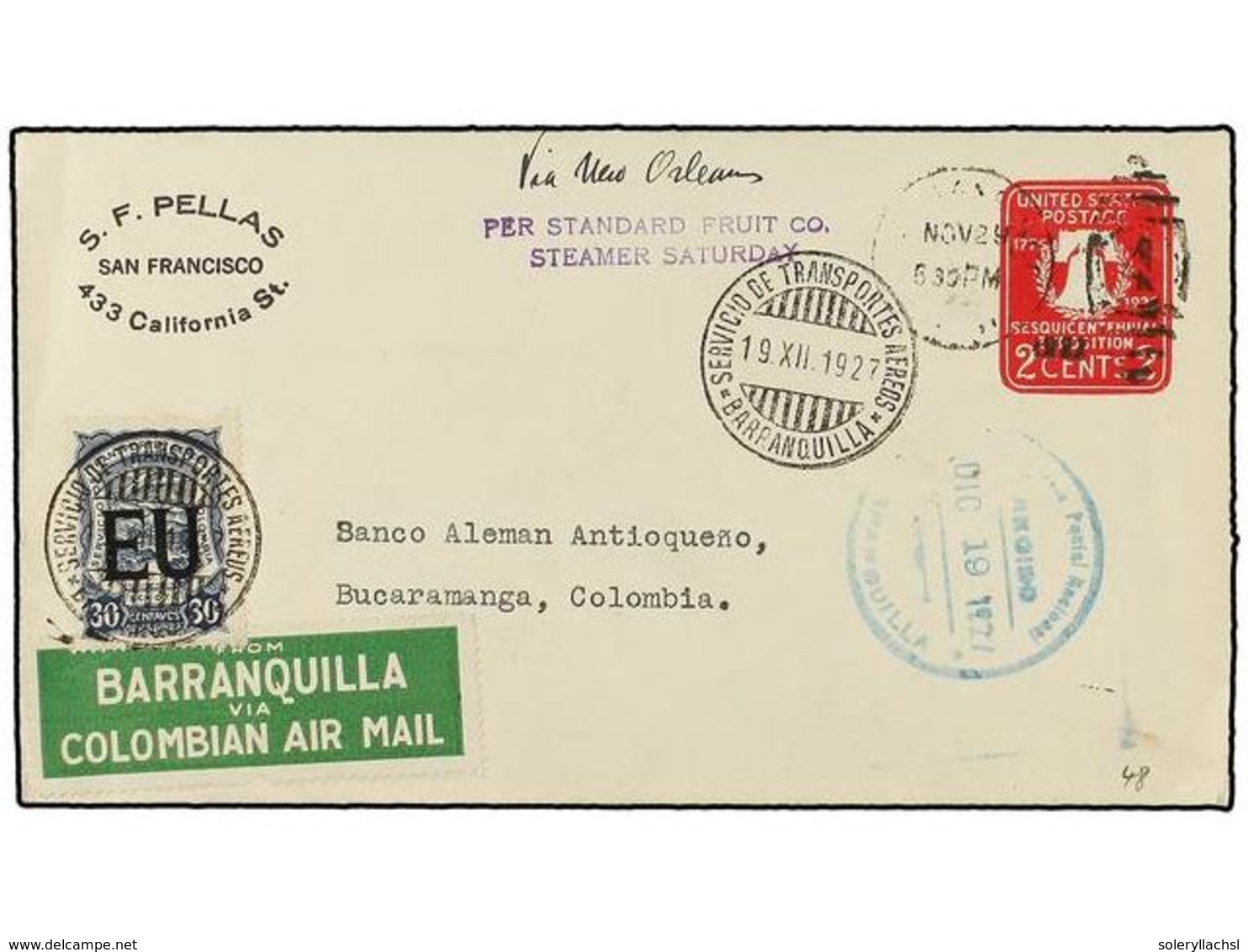 ESTADOS UNIDOS. 1927. SAN FRANCISCO To BUCARAMANGA (Colombia). 2 Cts. Red Envelope Sent Via SCADTA With Special Stamp Of - Altri & Non Classificati