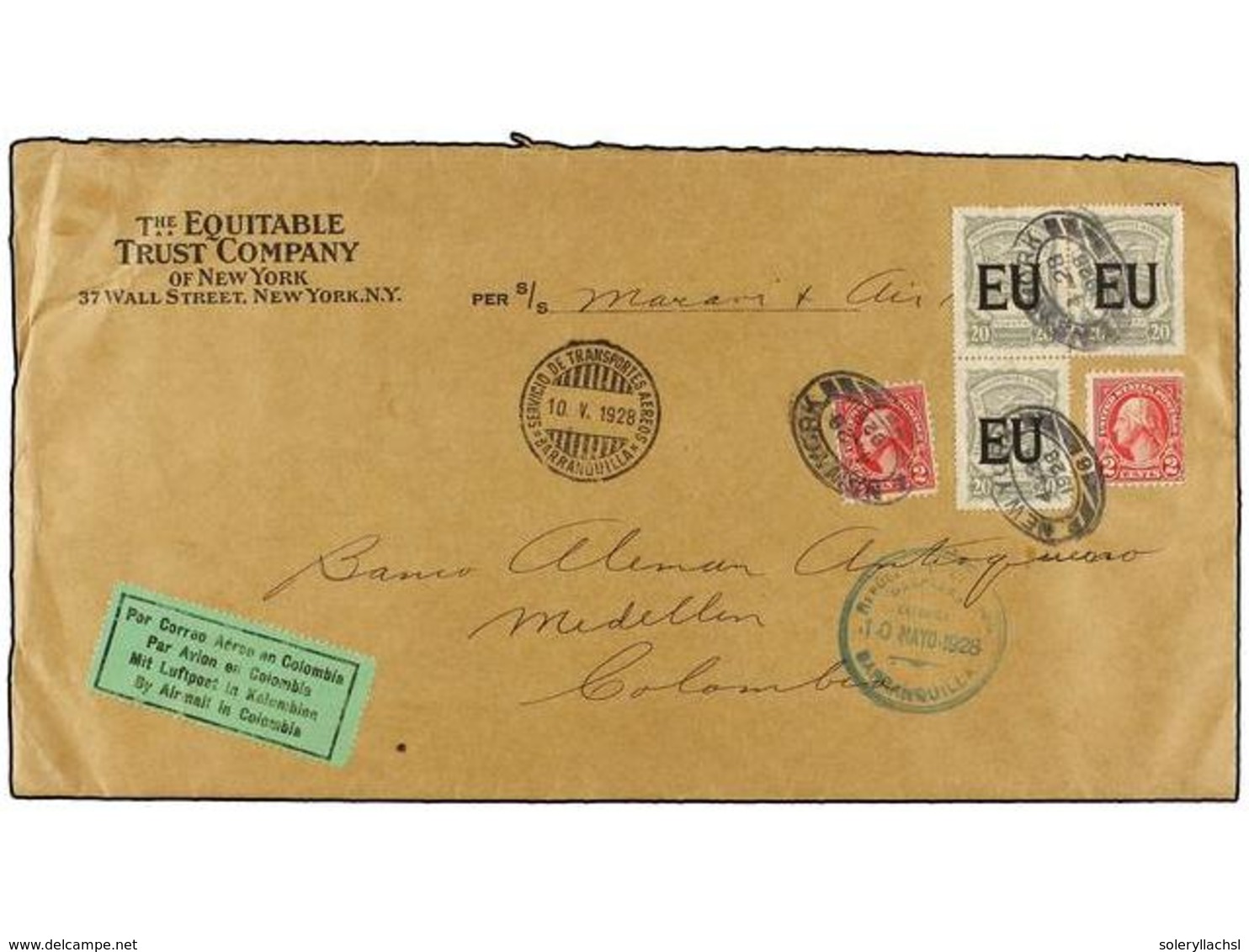 ESTADOS UNIDOS. 1928. NEW YORK To MEDELLÍN. Large Cover Franked With Two US Stamps Of 2 Cts. Red And SCADTA Special Stam - Altri & Non Classificati