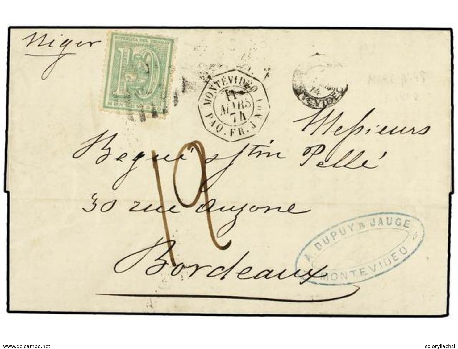 URUGUAY. 1874-79. CONJUNTO De Seis Cartas Circuladas De MONTEVIDEO A FRANCIA Con Sello De Uruguay De 10 Ctvos. Para El P - Sonstige & Ohne Zuordnung