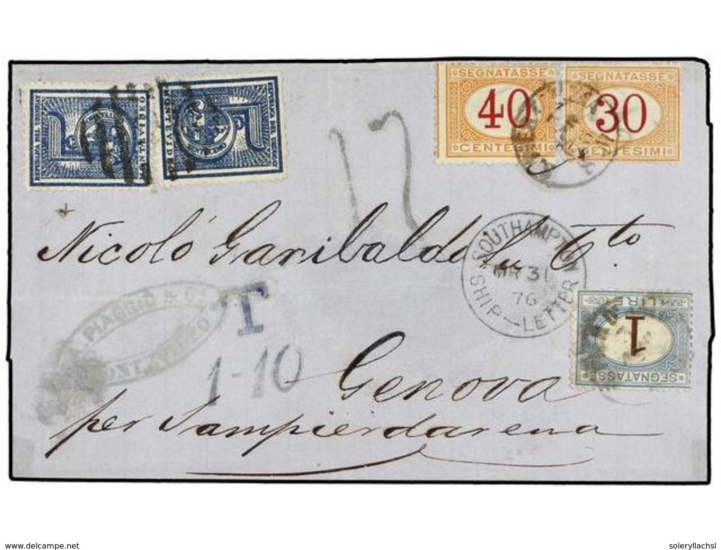 URUGUAY. 1876. MONTEVIDEO A GÉNOVA. Circulada Con Sellos De Uruguay De 5 Cts. Azul (2) Tasada A La Llegada Con Sellos It - Sonstige & Ohne Zuordnung