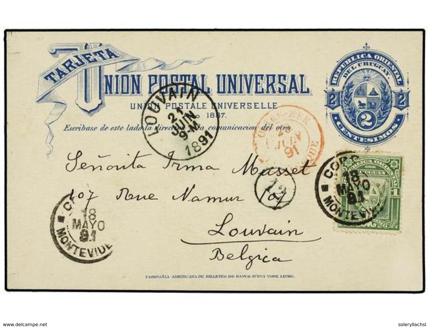 URUGUAY. 1891. MONTEVIDEO A BÉLGICA. Entero Postal De 2 Ctvos. Azul Con Franqueo Adicional De 1 Cto. Verde, Llegada En A - Sonstige & Ohne Zuordnung