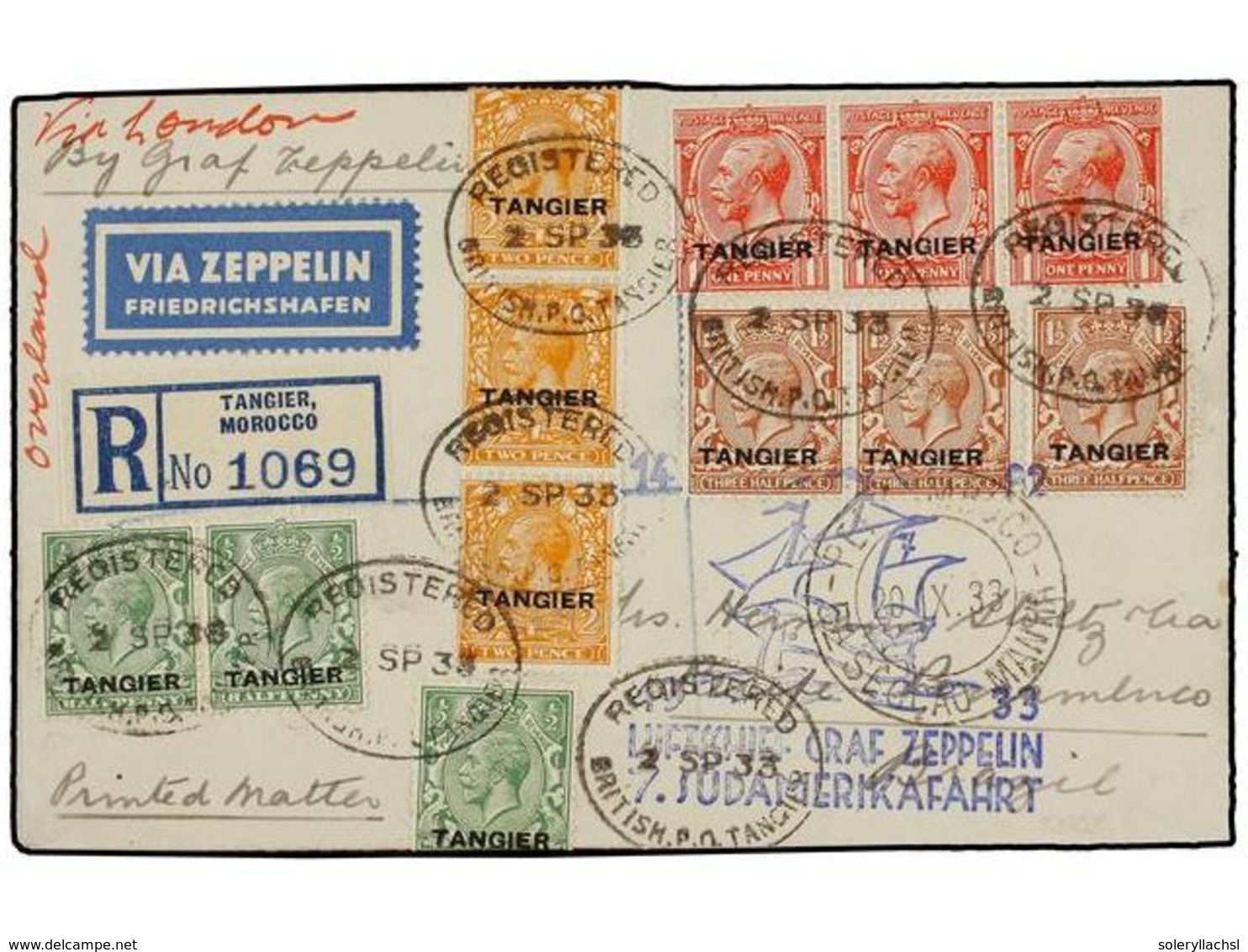 ZEPPELIN. 1933. MOROCCO. TANGIER To PERNAMBUCO (Brazil). Envelope Franked With 1/2 D. (3), 1 D. (3), 1 1/2 D. (3) And 2  - Altri & Non Classificati