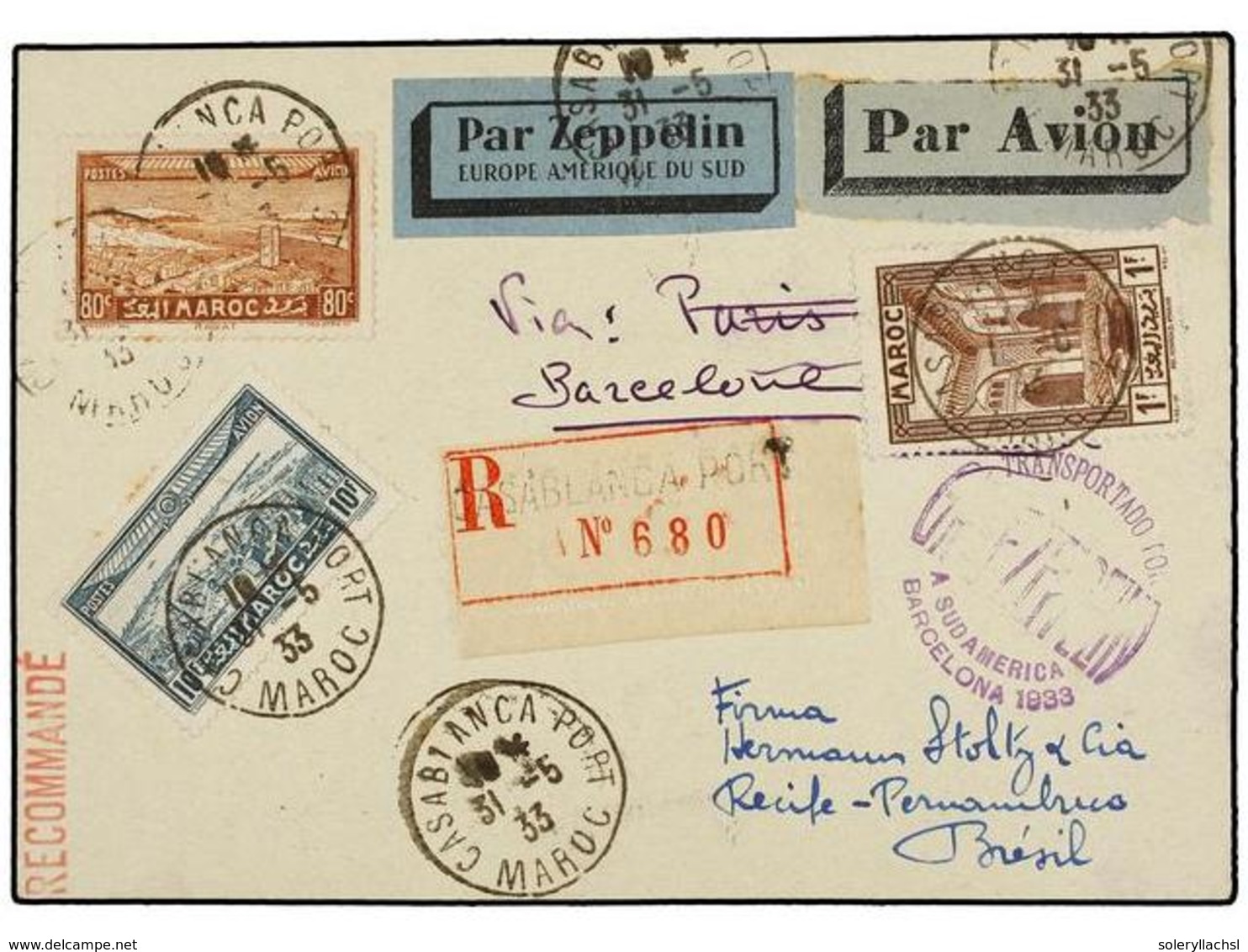 ZEPPELIN. 1930. MOROCCO. CASABLANCA To RECIFE (Brazil). Postcard Franked With 80 Cts., 1 Fr. And 10 Fr. Stamps, Sent By  - Sonstige & Ohne Zuordnung