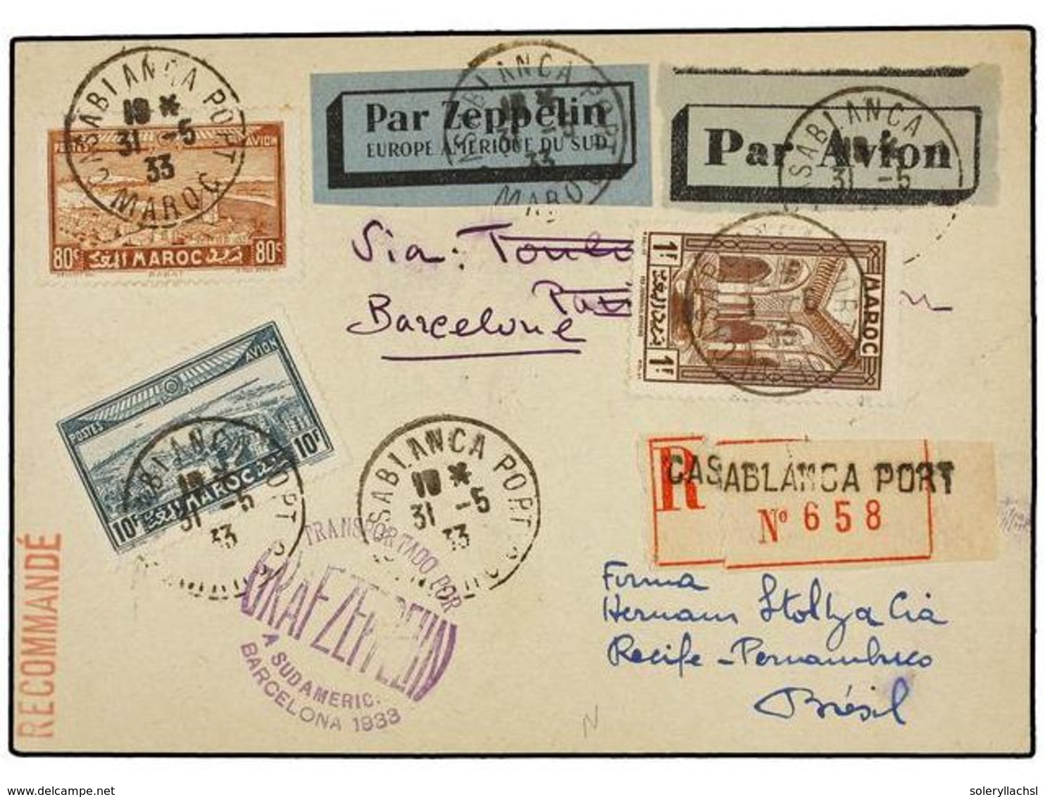 ZEPPELIN. 1933. MOROCCO. CASABLANCA To RECIFE (Brazil). Postcard Franked With 80 Cts., 1 Fr. And 10 Fr. Stamps, Sent By  - Altri & Non Classificati