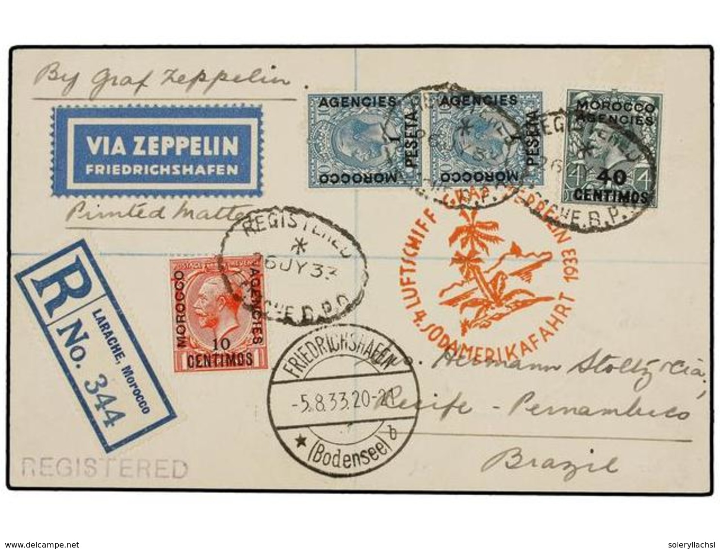 ZEPPELIN. 1933. MOROCCO. LARACHE To RECIFE (Brazil). Envelope Franked With 10 Cts., 40 Cts. And 1 Pta. Stamps, Sent By G - Sonstige & Ohne Zuordnung