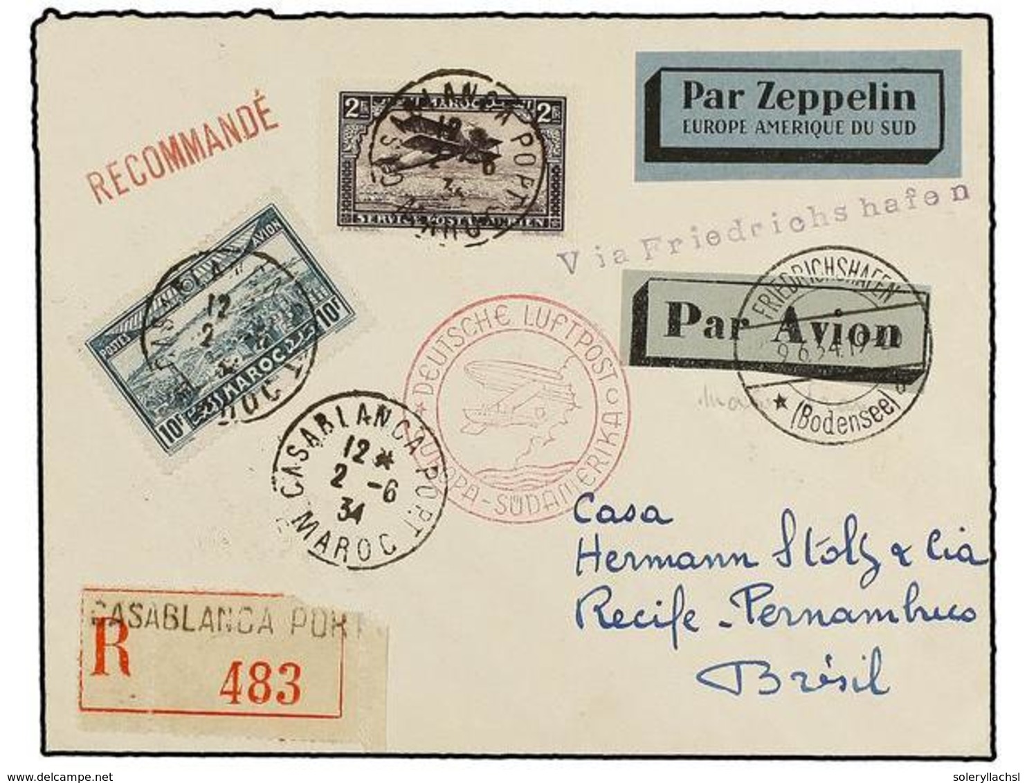 ZEPPELIN. 1934. FRENCH MOROCCO. CASABLANCA To RECIFE (Brasil). Envelope Franked With 1 Fr., 2 Fr. And 10 Fr. Stamp, Sent - Altri & Non Classificati