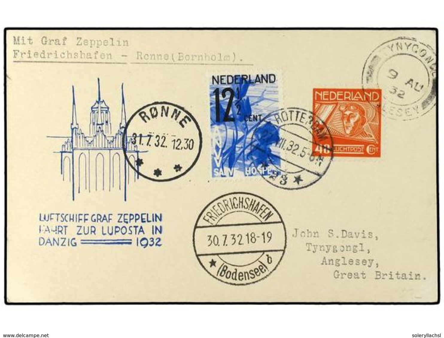 ZEPPELIN. 1932. NETHERLANDS. 'Danzig Flight'.  Dutch Acceptance Card To Gt. Britain Franked 12½c. Tourism + 40c. Air Tie - Sonstige & Ohne Zuordnung