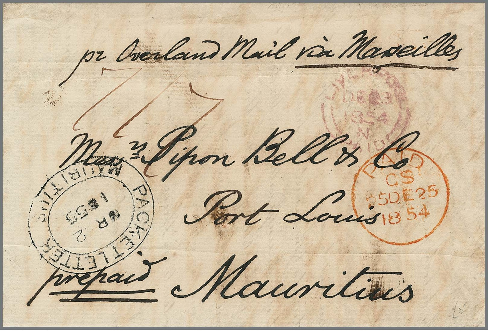 "England-Mauritius", 1854, Unfrankierter Brief Von Liverpool Per Overland Mail Via Marseille Nach Mauritius, Mit Ankunft - Autres - Europe