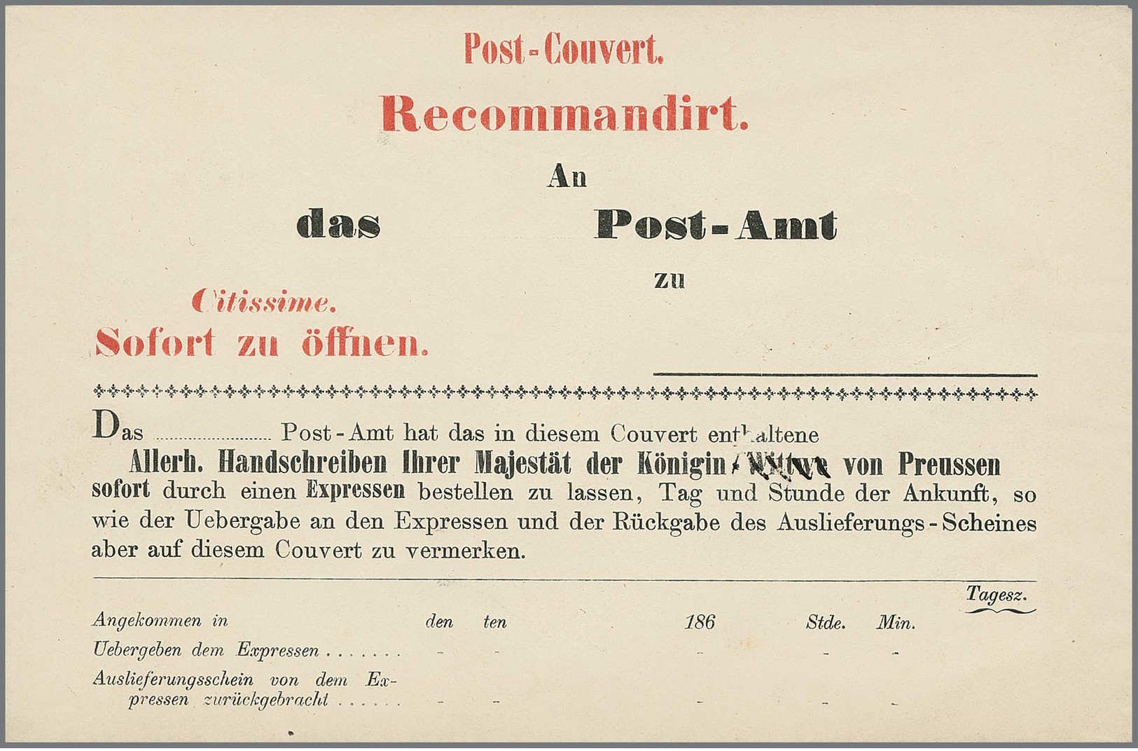 1866 (ca.), Handschreiben-Umschlag, "186", Vordruck "Ihrer Majestät. Der Königin-Wittwe Von Preussen" Hs. Geändert ("Wit - Autres & Non Classés