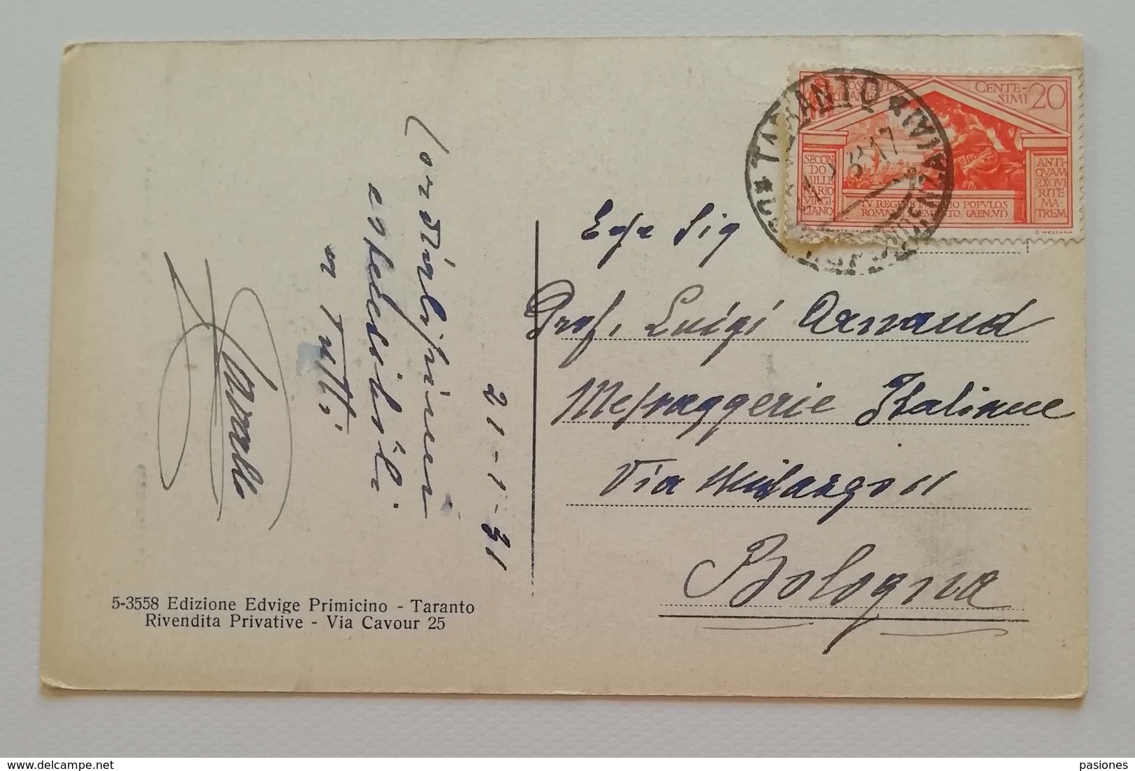 Cartolina Illustrata Taranto-Bologna - 21/01/1931 - Poststempel