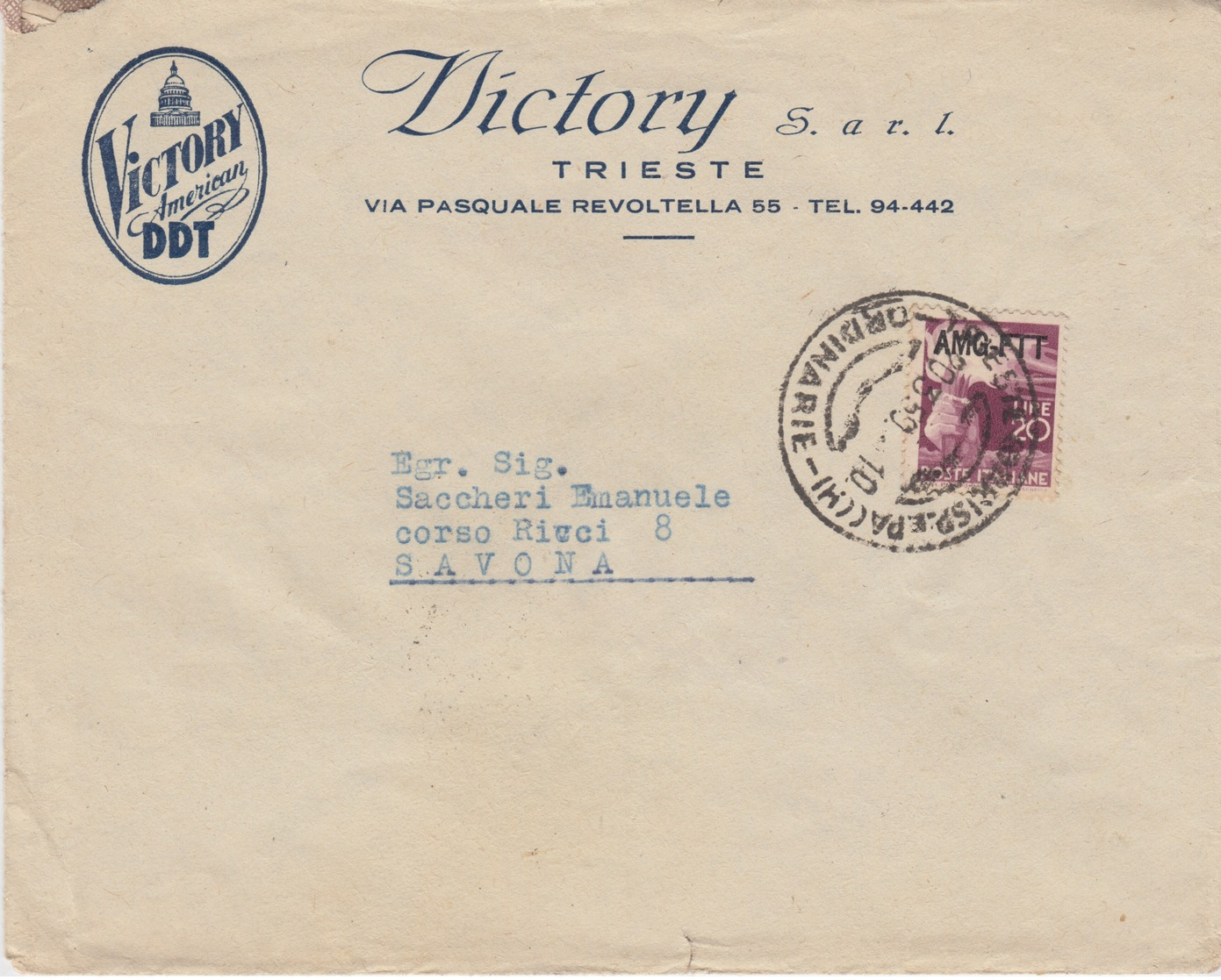 A/5 - STORIA POSTALE - PUBBLICITARIA - "VICTORY AMERICAN DDT" - TRIESTE AMG-FTT - 1 VALORE Lire 20 - Storia Postale