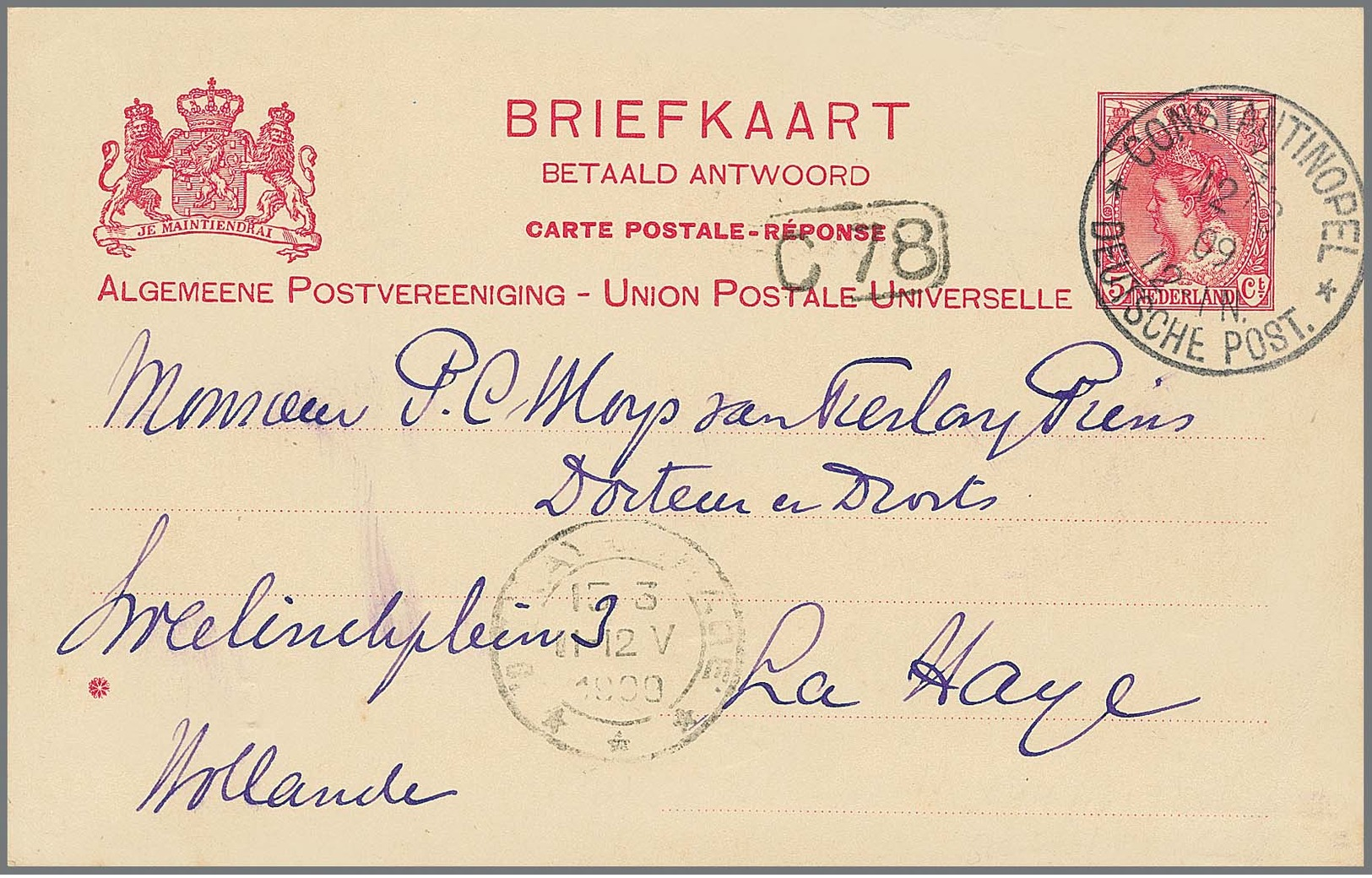 1909, Niederländische Rückantwort-Ganzsachenkarte 5 C. Mit K1 "Constantinopel Deutsche Post" Zurück Nach Den Haag Katalo - Turkey (offices)