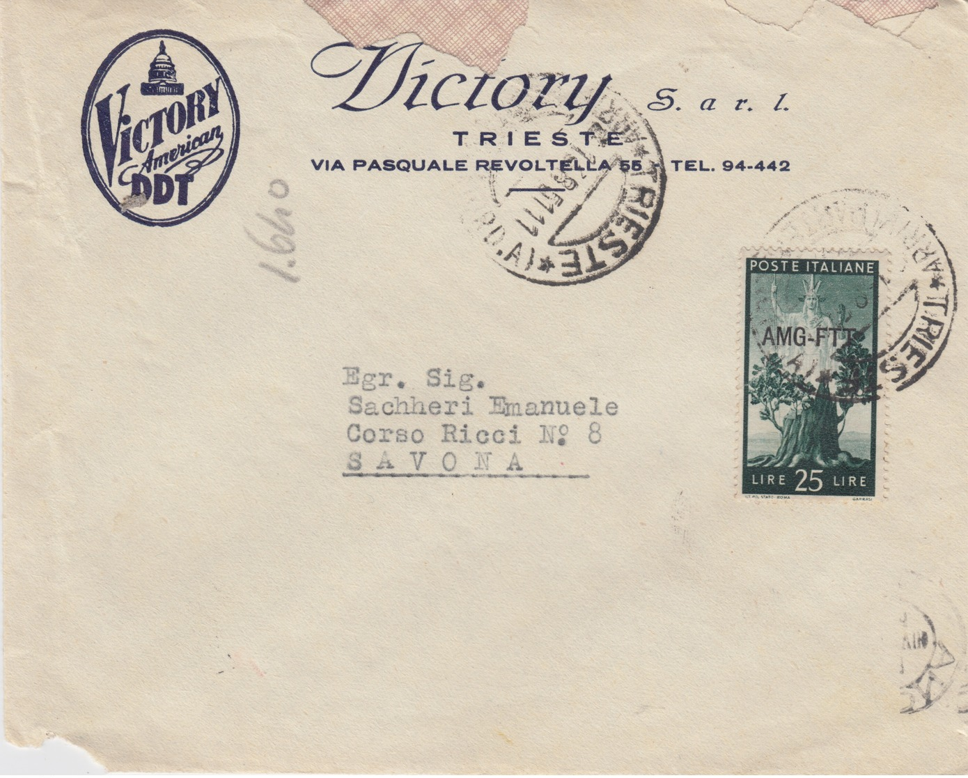 A/5 - STORIA POSTALE - PUBBLICITARIA - "VICTORY AMERICAN DDT" - TRIESTE AMG-FTT - 1 VALORE Lire 25 - Marcophilia