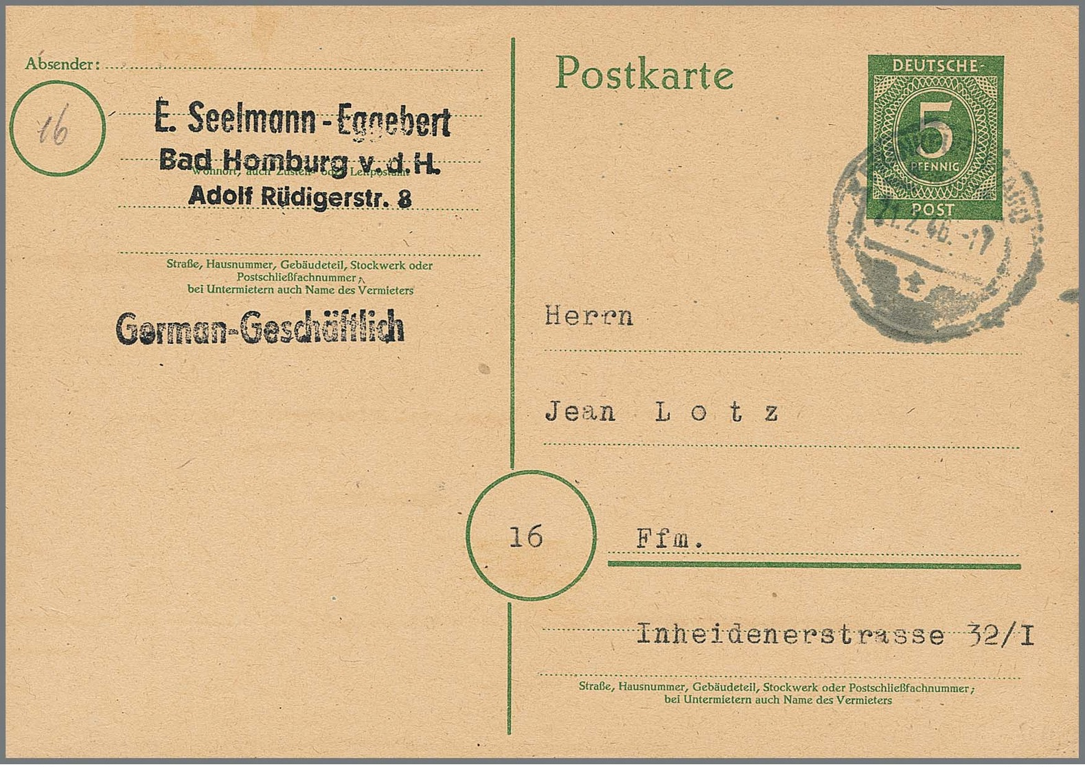 Ganzsachenkarte 5 Pfg. Ziffern Als Ortskarte Vom 21.2.46 Aus Frankfurt, Sign. Schlegel. Mi. 1100,- Katalog: P50, Beleg:  - Sonstige & Ohne Zuordnung