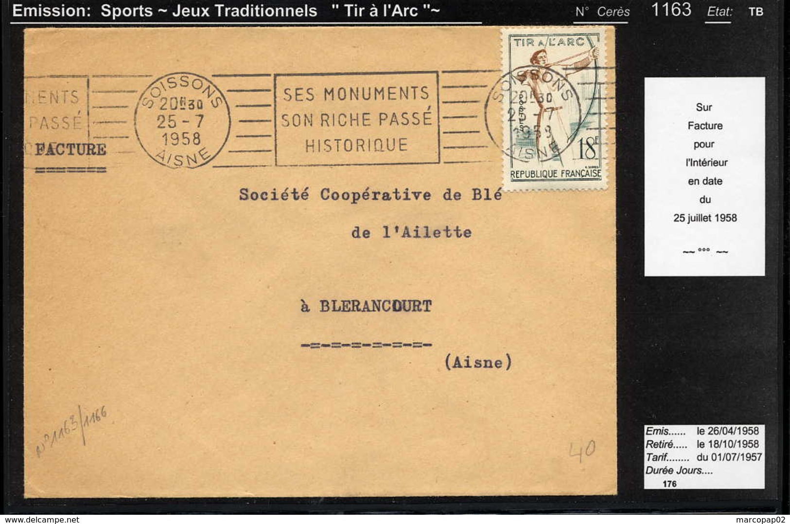 MAURY N° 1163: TIR A L'ARC - TRADITION -S/FACTURE DU 25/7/1958 - 1921-1960: Moderne