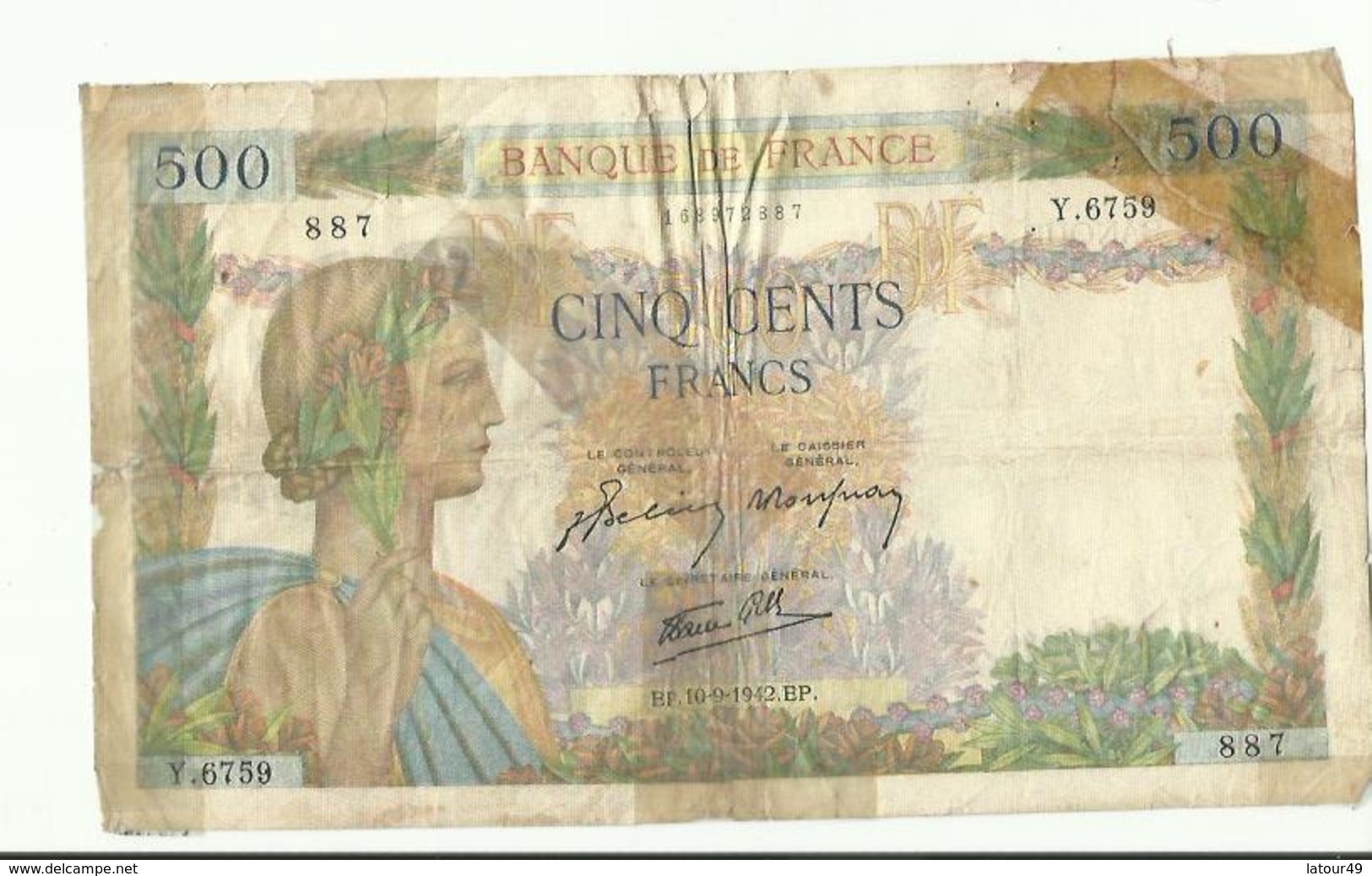 Billet De 500 Francs  1942 - 500 F 1940-1944 ''La Paix''