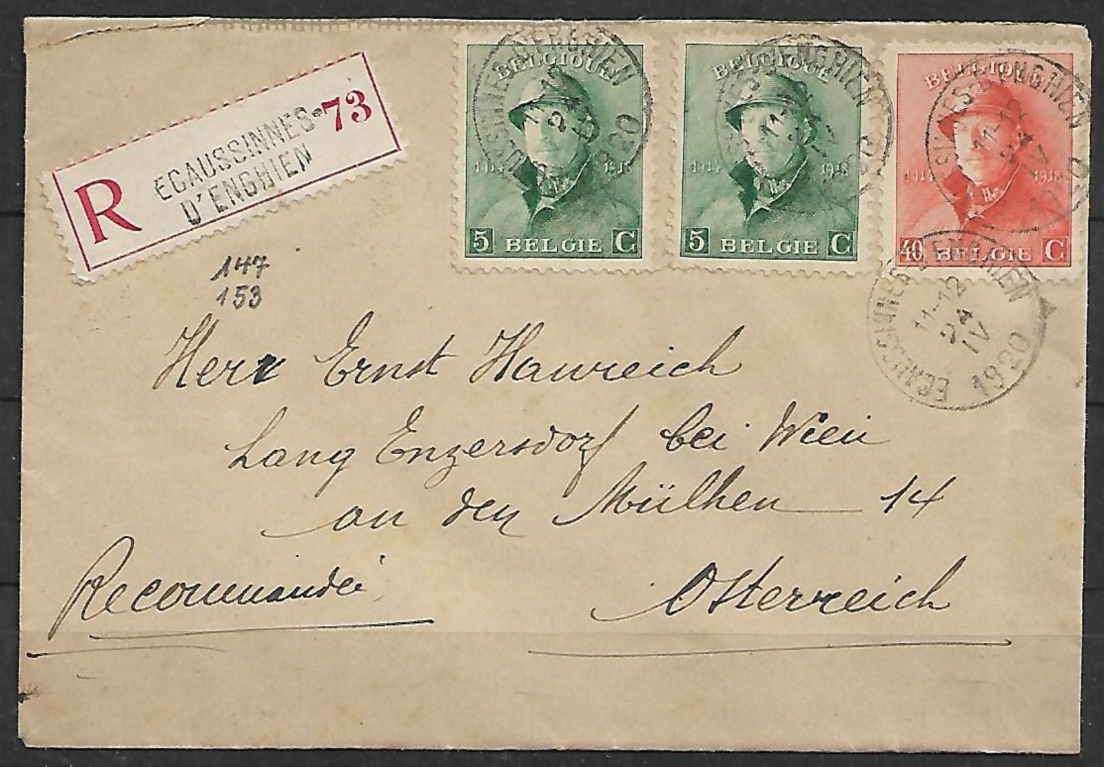 Belgien - R - Brief  24.04.1920 / Ecaussinnes Nach Engersdorf Bei Wien ( Österreich ) / Siehe Fotos - Storia Postale