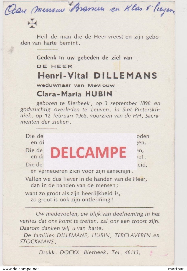 DOODSPRENTJE DILLEMANS HENRI WEDUWNAAR HUBIN BIERBEEK LEUVEN 1898 - 1968  Bewerkt Tegen Kopieren - Images Religieuses