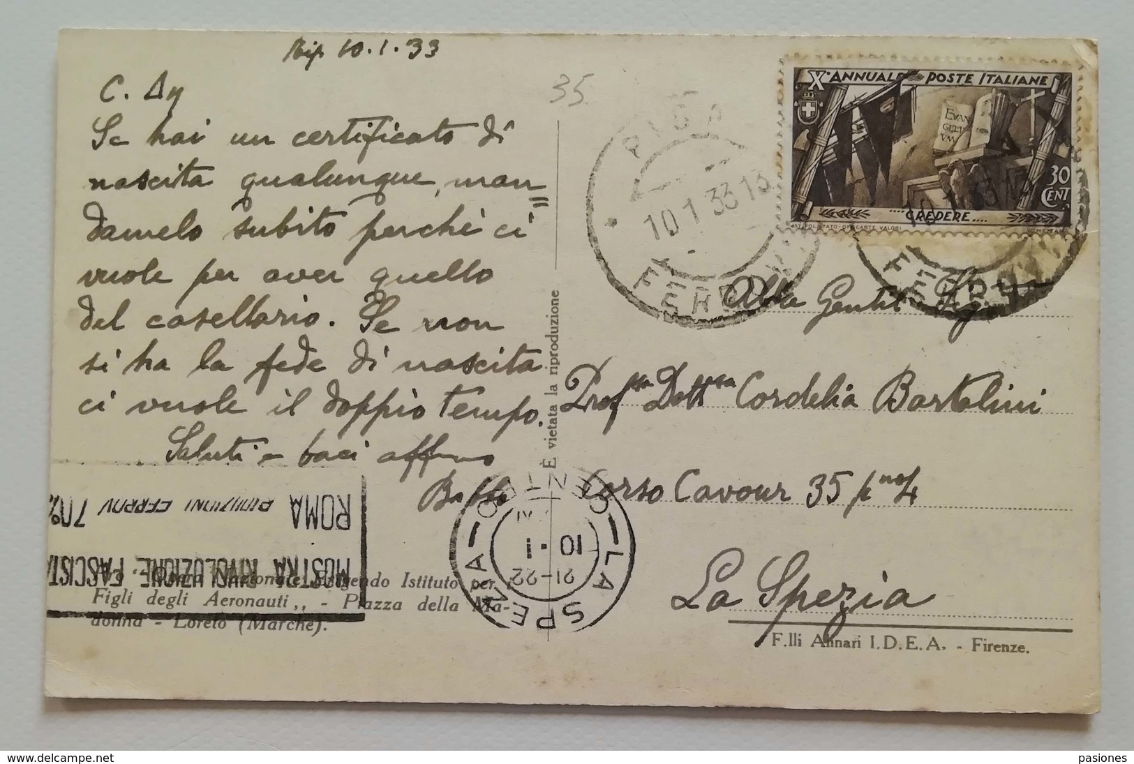 Cartolina Illustrata Pisa-La Spezia - 10/01/1933 - Storia Postale