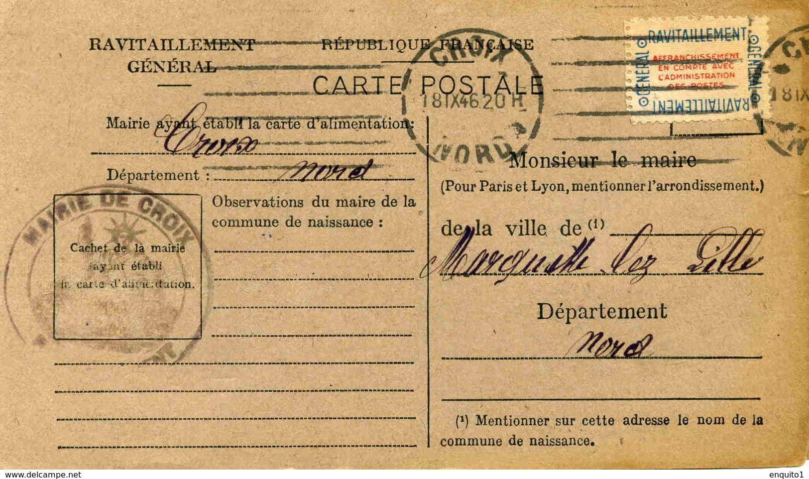 Carte De Ravitaillement, Mairie De CROIX (Nord) - Cachet à Date De 1946 - Guerre De 1939-45