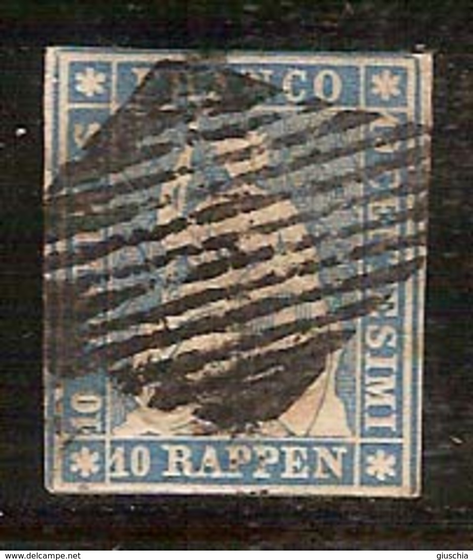 (Fb).Svizzera.1854-62.-10r Azzurro Usato,filo Verde,carta Normale (495-15) - Gebraucht