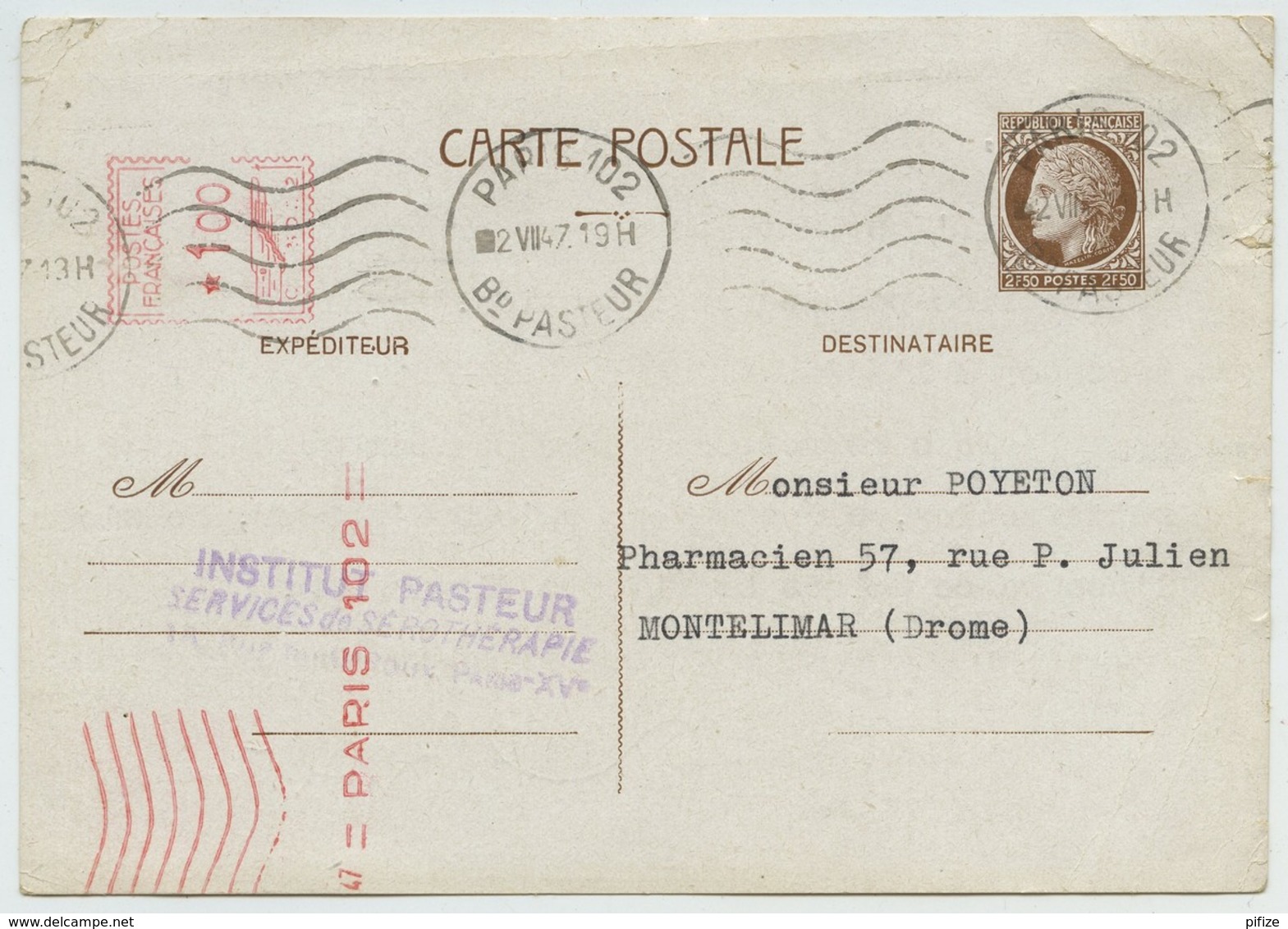 Entier Type Mazelin 1947 Complété Par EMA . Institut Pasteur Pour Montélimar . - Cartes Postales Types Et TSC (avant 1995)