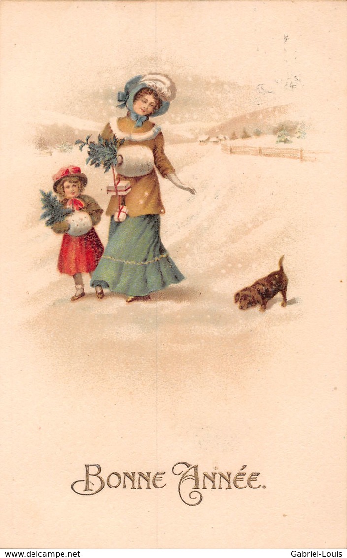 Bonne Année - Mère Et Fille - Neige - Chien - Ecriture Gaufrée Et Dorée - Cadeaux - Gants - Neujahr