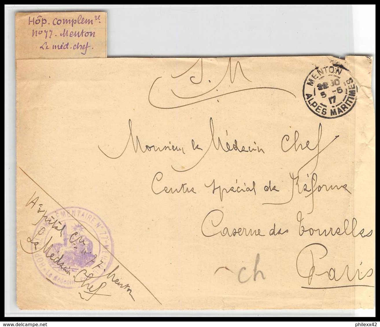 52212 Alpes Maritimes Menton 1917 Hopital Complementaire 77 Sante Guerre 1914/1918 War Devant De Lettre Front Cover - 1. Weltkrieg 1914-1918