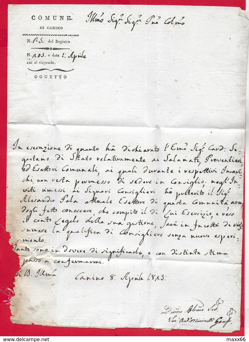 PREFILATELICA PONTIFICIO - 1823 Lettera Con Testo CANINO TOSCANELLA Timbro Postale E Sigillo GONFALONIERE - ...-1850 Préphilatélie