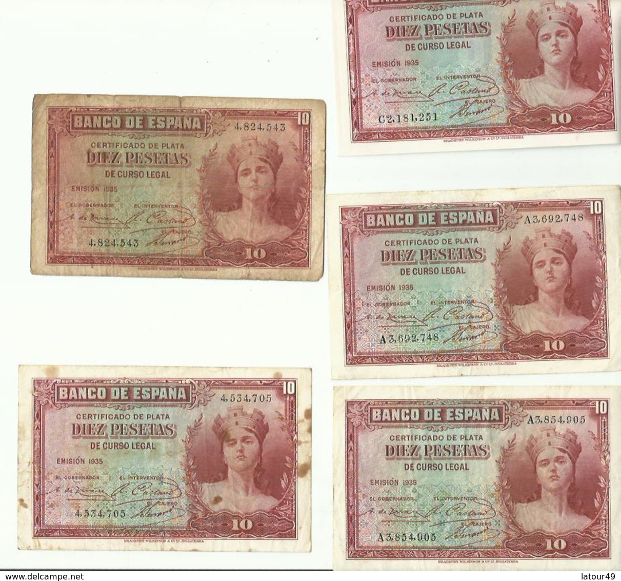 5 BILLETS DE 10.....DIEZ PESETAS 1935 - 10 Peseten