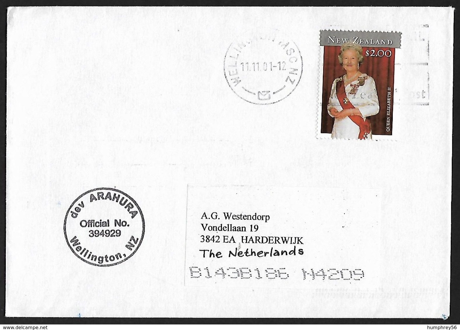 2001 - NEW ZEALAND - Cover DEV Arahura - SG 2451 [Elizabeth II] + WELLINGTON - Cartas & Documentos