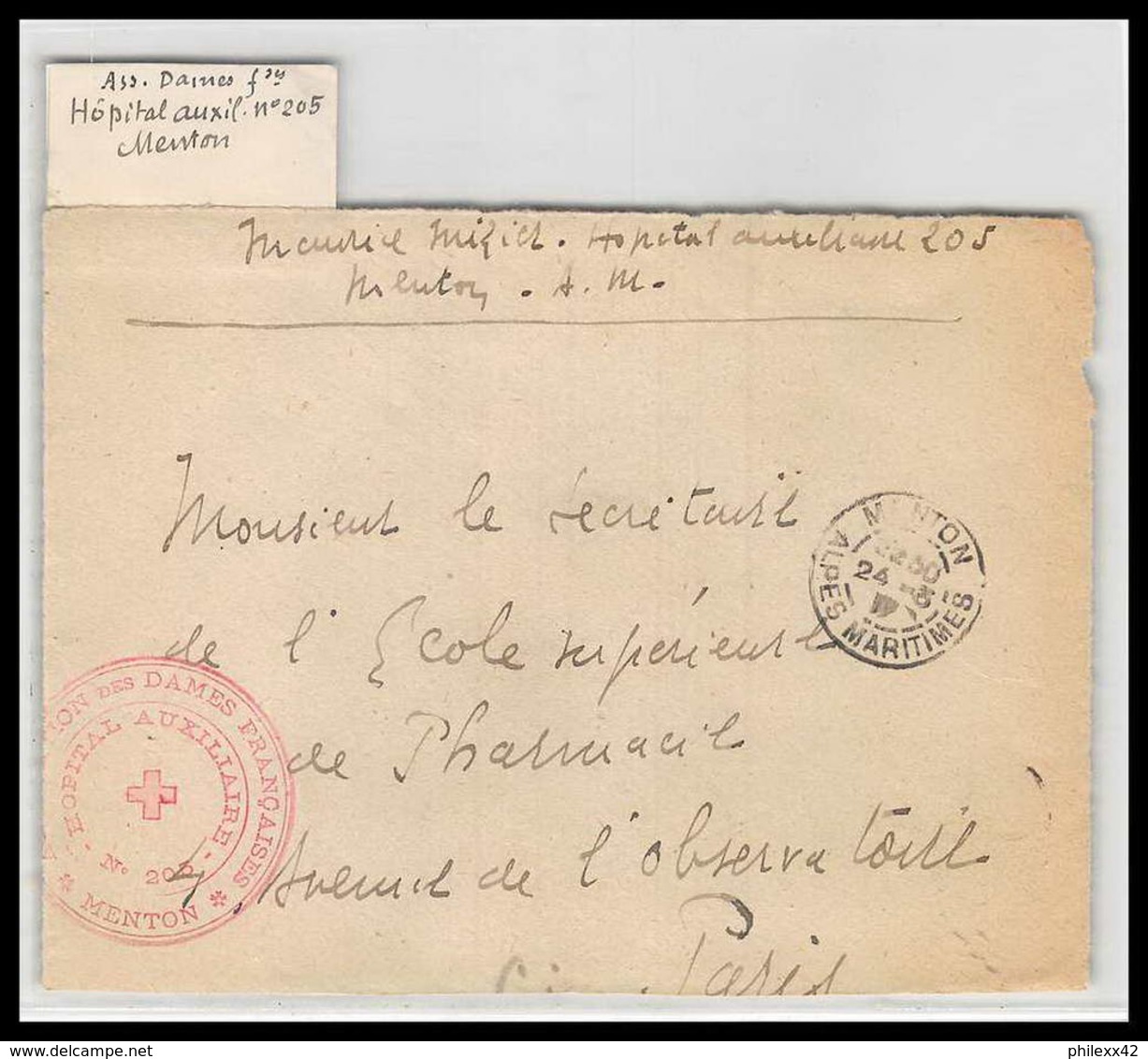 52824 Alpes Maritimes Menton 1917 Hopital Auxiliaire 205 Mizier Sante Guerre 1914/1918 War Devant De Lettre - 1. Weltkrieg 1914-1918