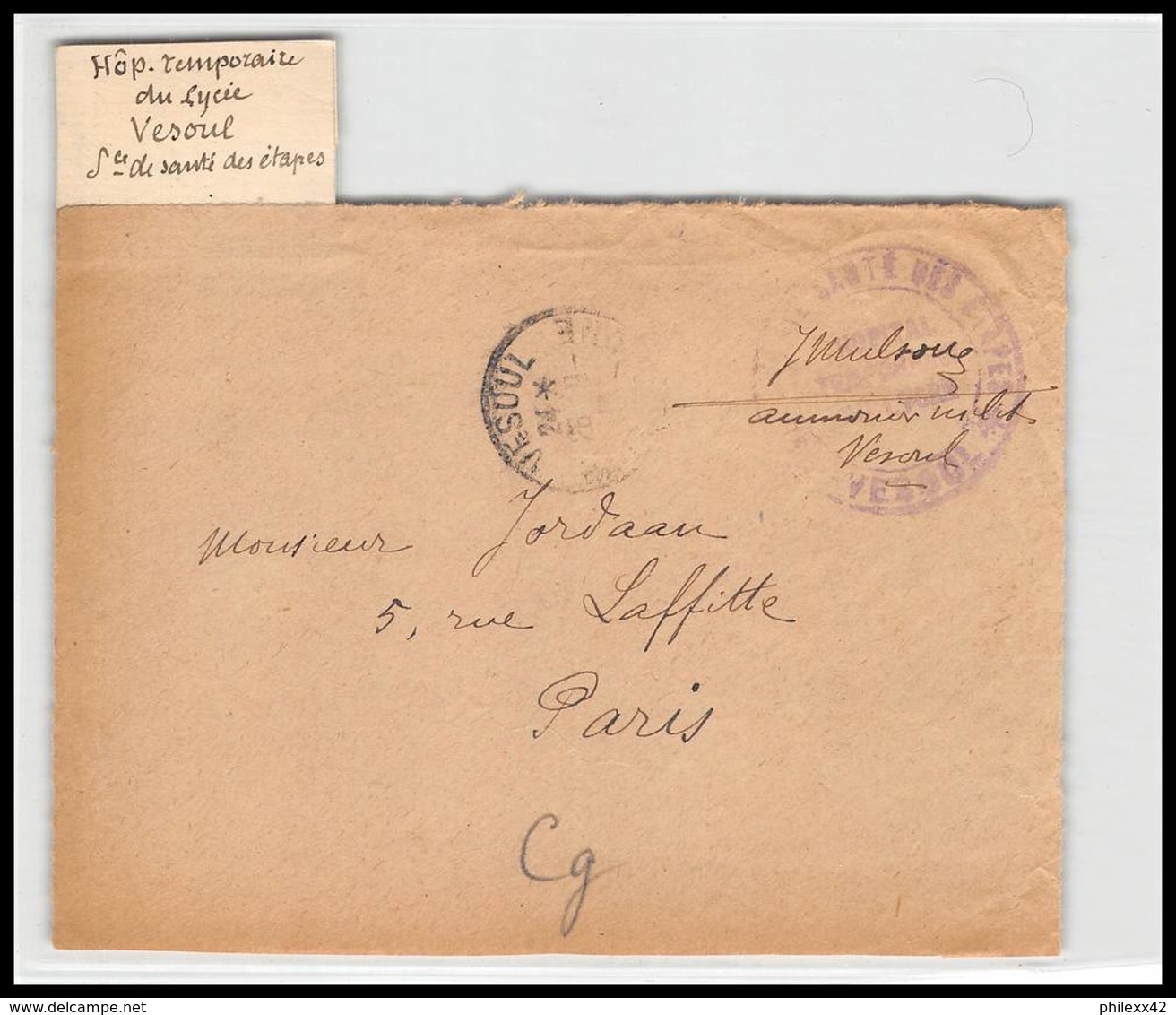 53024 Haute Saone Vesoul 1914 Hopital Temporaire Du Lycee Sante Des Etapes Guerre 1914/1918 Devant De Lettre - Guerra Del 1914-18