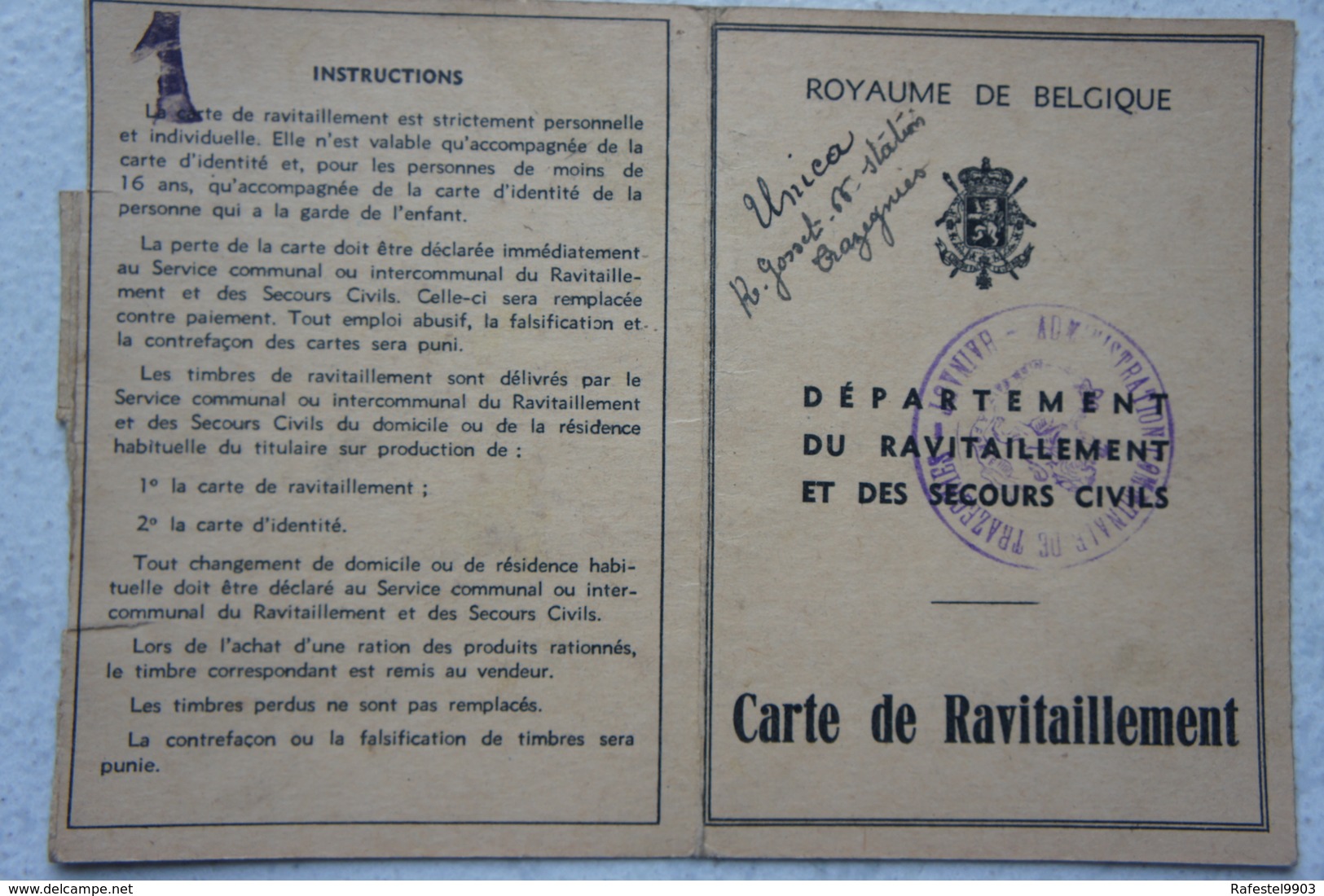 Carte De Ravitaillement TRAZEGNIES 1940 Irma Catrot Rue Verte - Zonder Classificatie