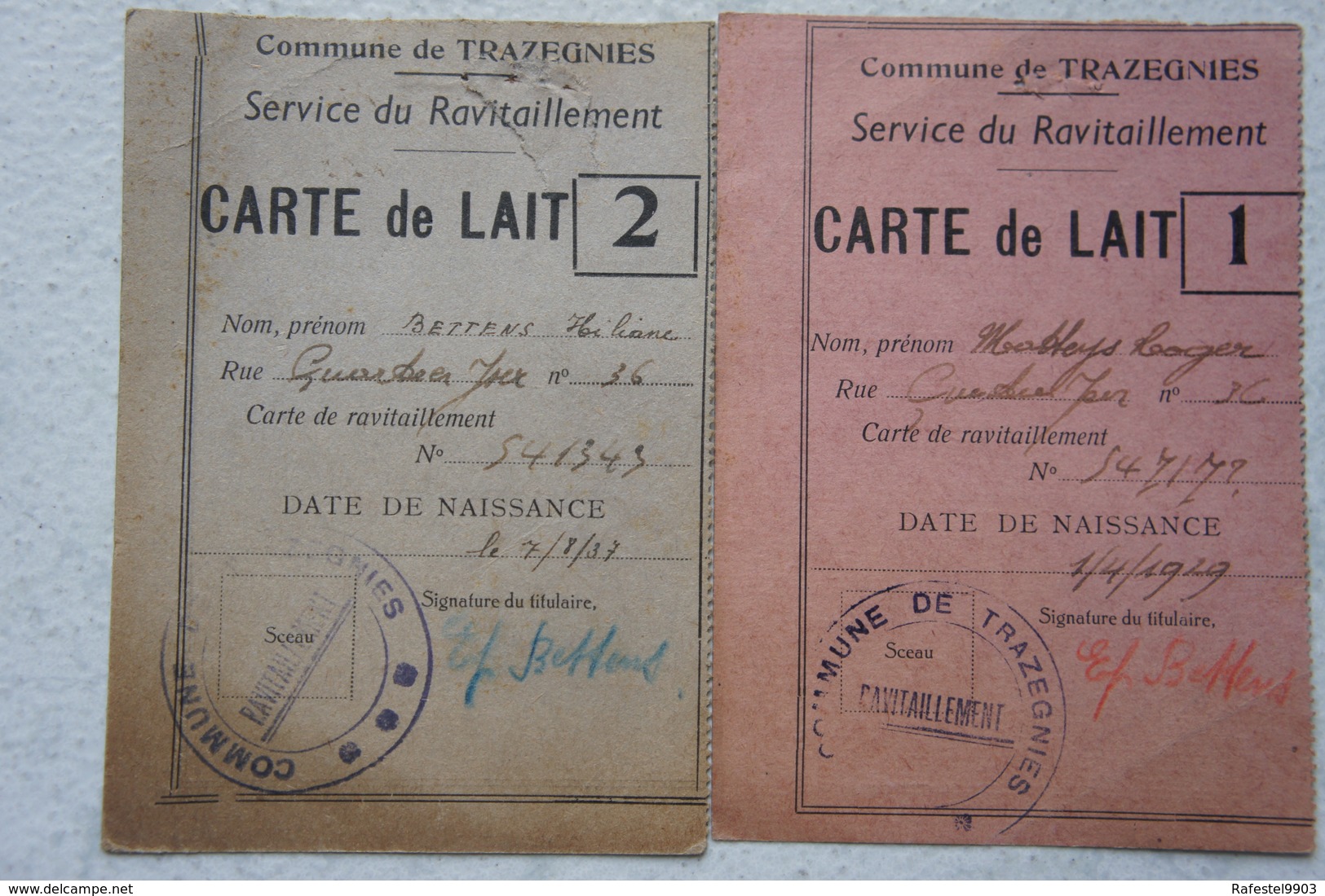 Carte De Ravitaillement Carte De Lait Milk Melk TRAZEGNIES Région Courcelles Godarville 1942 Cachet Marquage - Non Classés