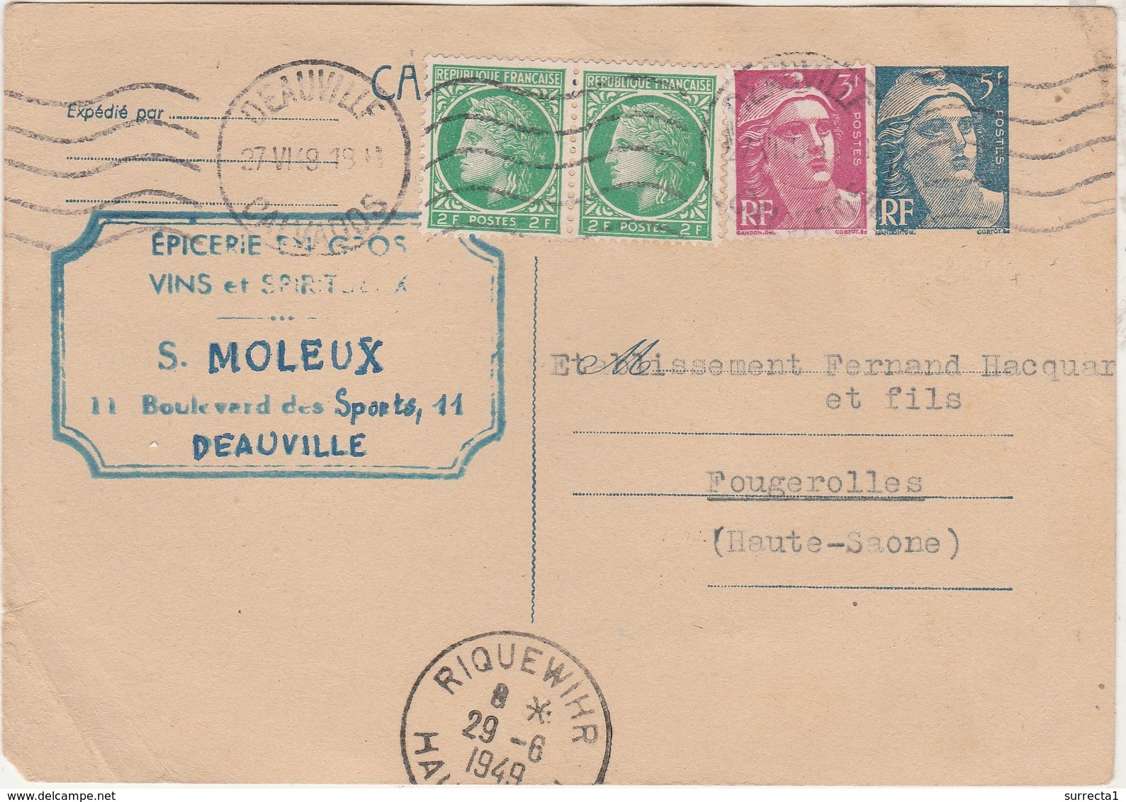 1949 / Entier Marianne Gandon + Complément / S. MOLEUX / Epicerie / 14 Deauville Calvados - Other & Unclassified