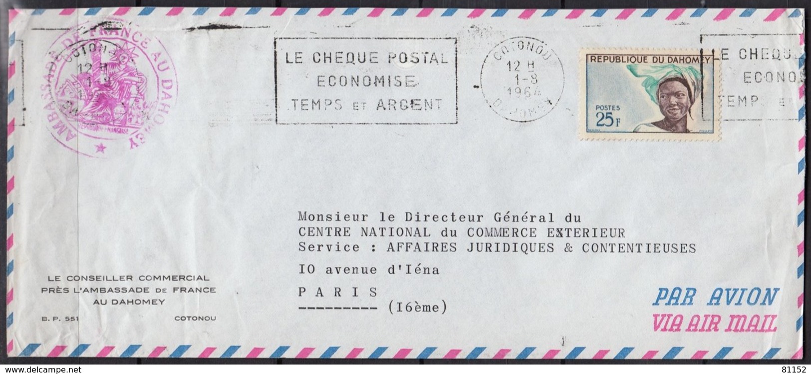 DAHOMEY  Enveloppe Longue  De COTONOU   De L'AMBASSADE De FRANCE   Postée  Le 1 8 1964    Timbre Seul Sur Lettre - Benin – Dahomey (1960-...)