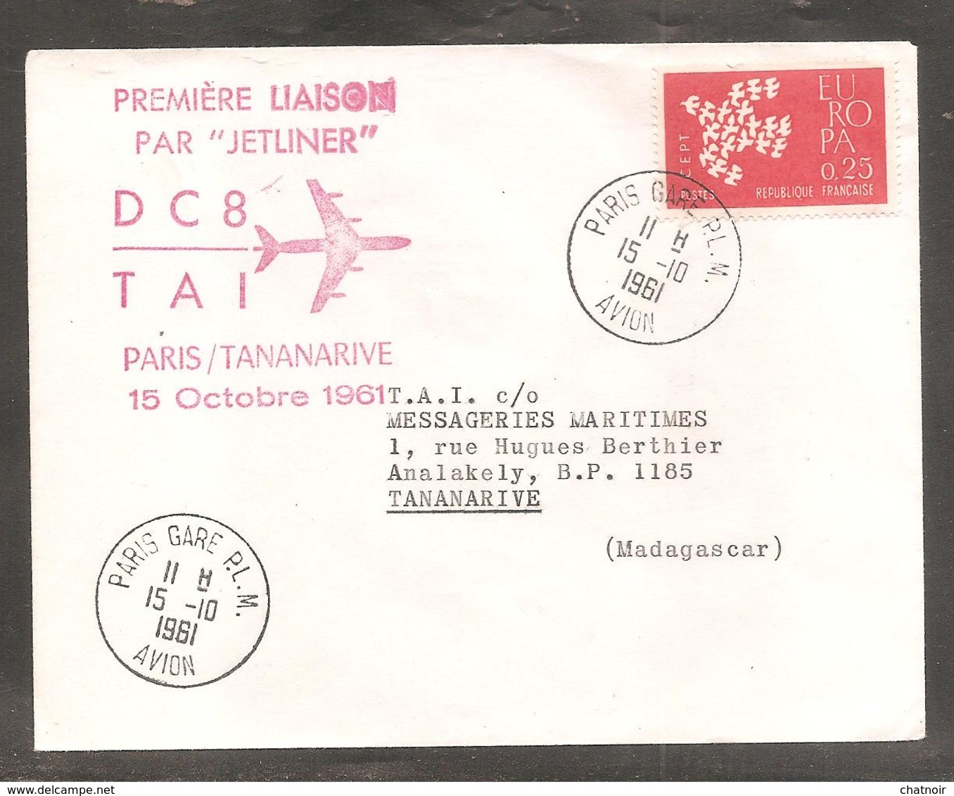 Enveloppe  De  PARIS GARE PLM  AVION 1961 +premiere Liaison  DC 8 PARIS - TANANARIVE - Covers & Documents