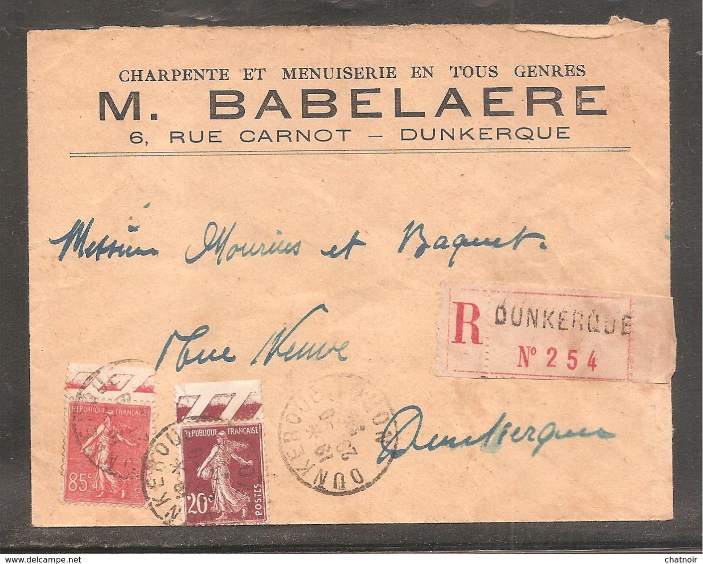 Enveloppe  RECOM   DUNKERQUE  20c Et 85c Semeuse Bord De Feuille /  Charpente Et Menuiserie - Other & Unclassified