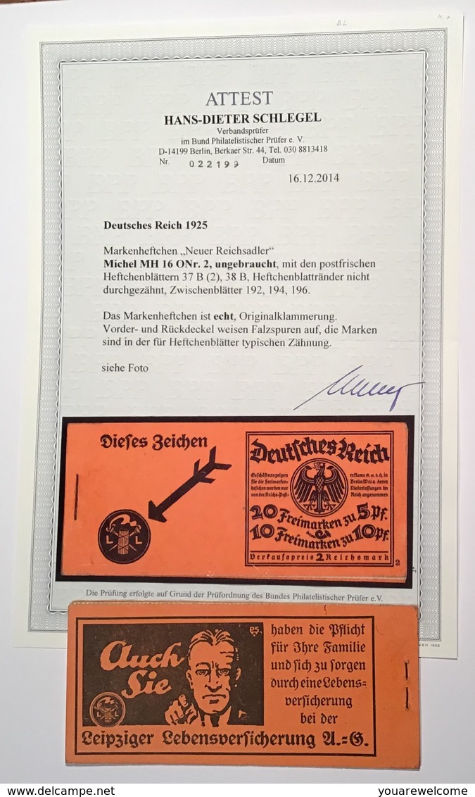 Deutsches Reich 1925 Mi MH 16 ONr 2 Markenheftchen RARITÄT (carnet Booklet Insurance Versicherung Assurance Retraite - Cuadernillos
