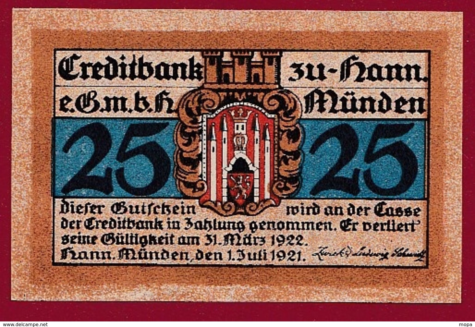 Allemagne 1 Notgeld 25 Pfenning Stadt Hann-Münden   Dans L 'état N °5273 - Collections