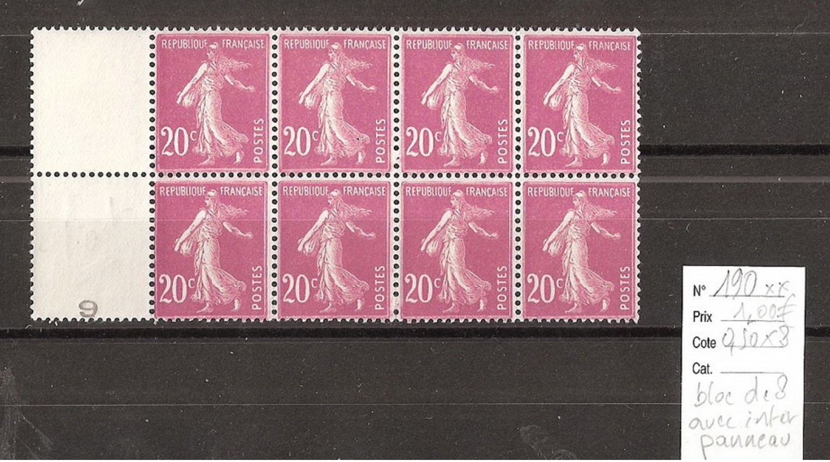 France Semeuse YT 190 NSCH ** MNH Superbe Bloc De 8 Gomme Impeccable Avec Interpanneau 9 - Neufs