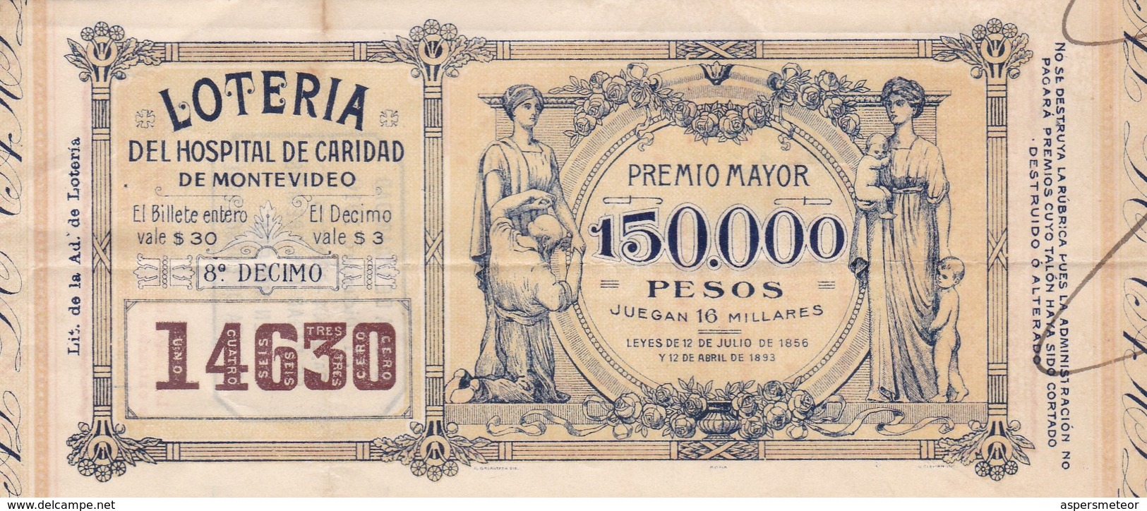 BILLETES DE LA LOTERIA DEL HOSPITAL DE CARIDAD DE MONTEVIDEO, URUGUAY. AÑO 1910. LOTTERY TICKET BILLET DE LOTERIE -LILHU - Lottery Tickets