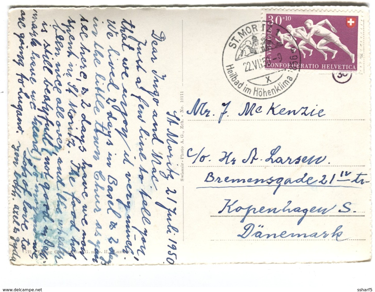 SWITZERLAND 1950, Confoederatio Helvetica, 30+10 C. De Luxe Handstamp Solo Perfect Dents On Postcard To Denmark SG 525 - Covers & Documents