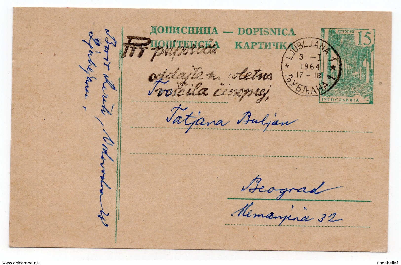 1964  YUGOSLAVIA, SLOVENIA, LJUBLJANA TO BELGRADE, FLAM, STATIONERY CARD, USED - Postal Stationery