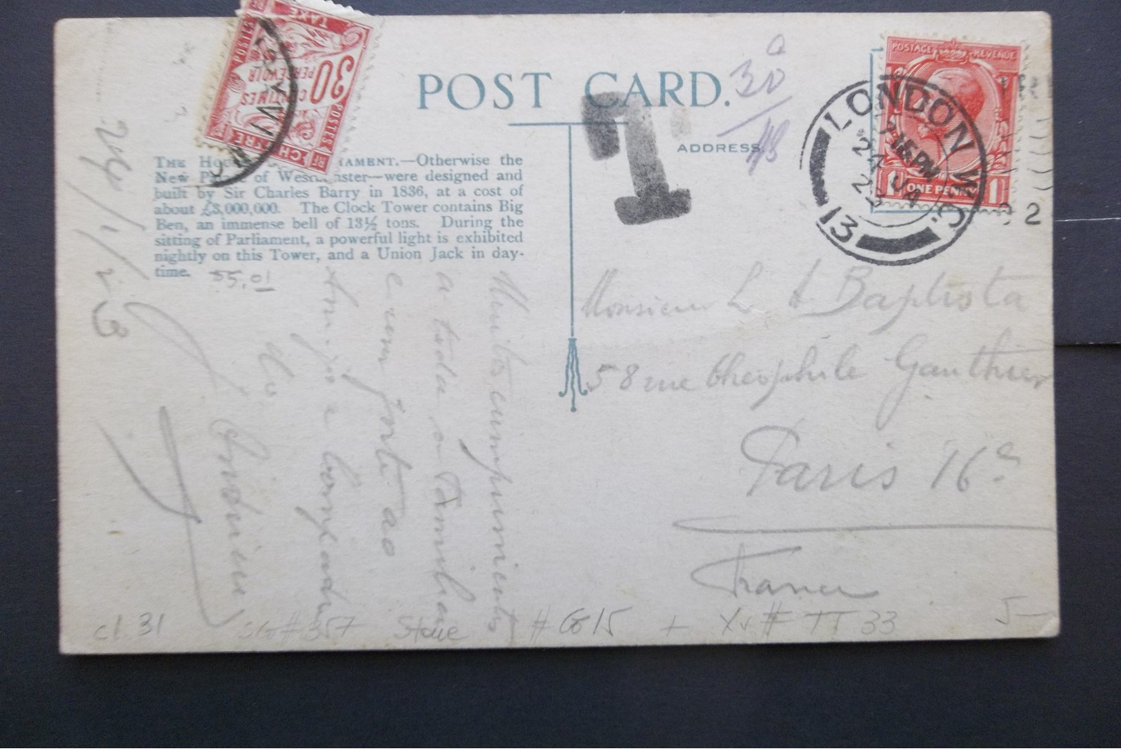 Great Britain: 1923 PPC To France (#HW11) - Storia Postale