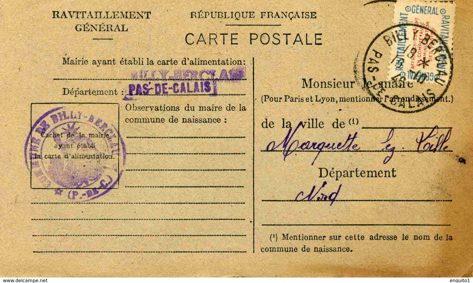 Carte De Ravitaillement, Mairie De BILLY-BERCLAU (Pas De Calais) - Cachet à Date Du 18 Octobre 1946 - Guerre De 1939-45