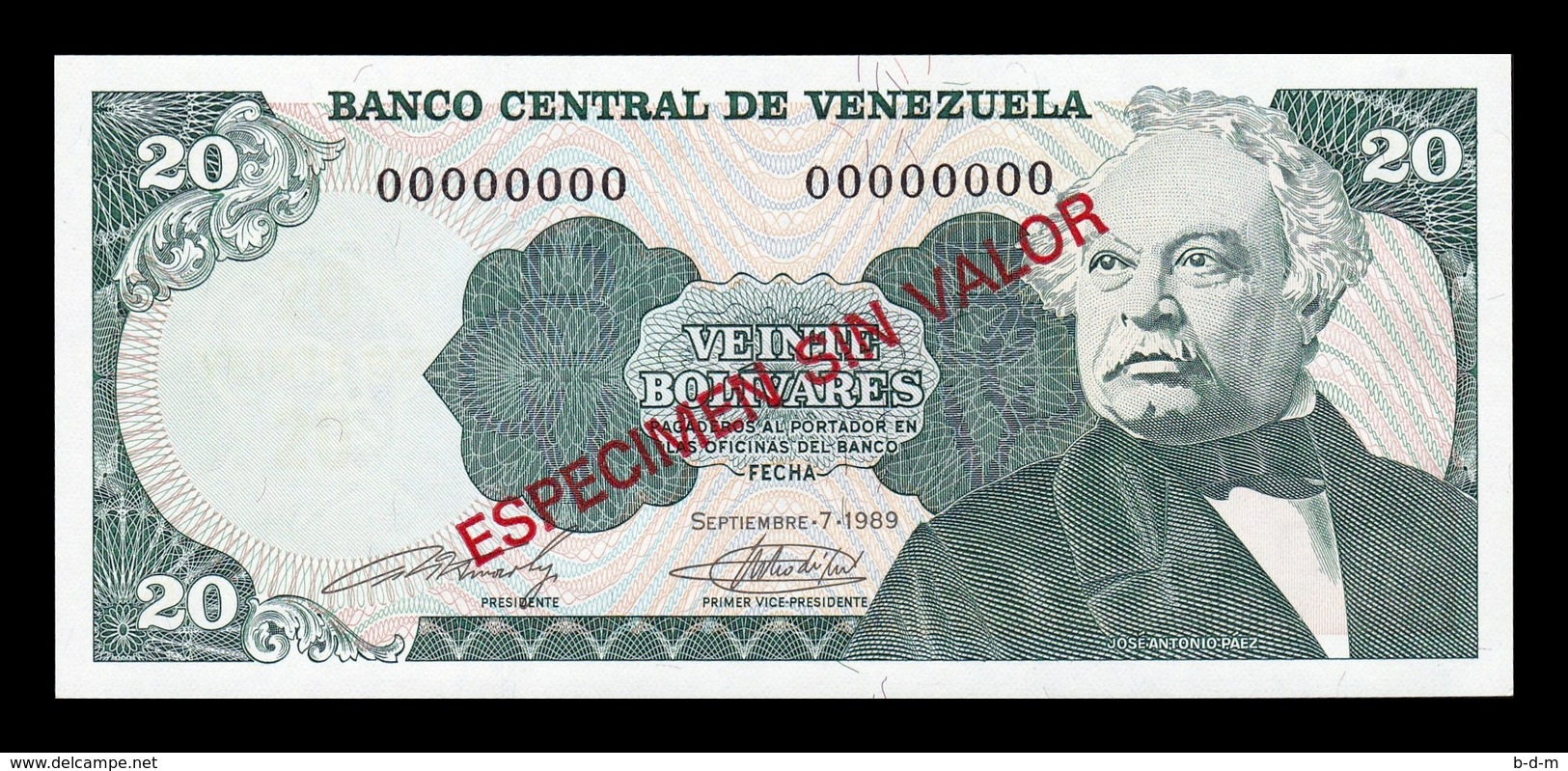 Venezuela 20 Bolívares 1989 Pick 63Bs Specimen SC UNC - Venezuela