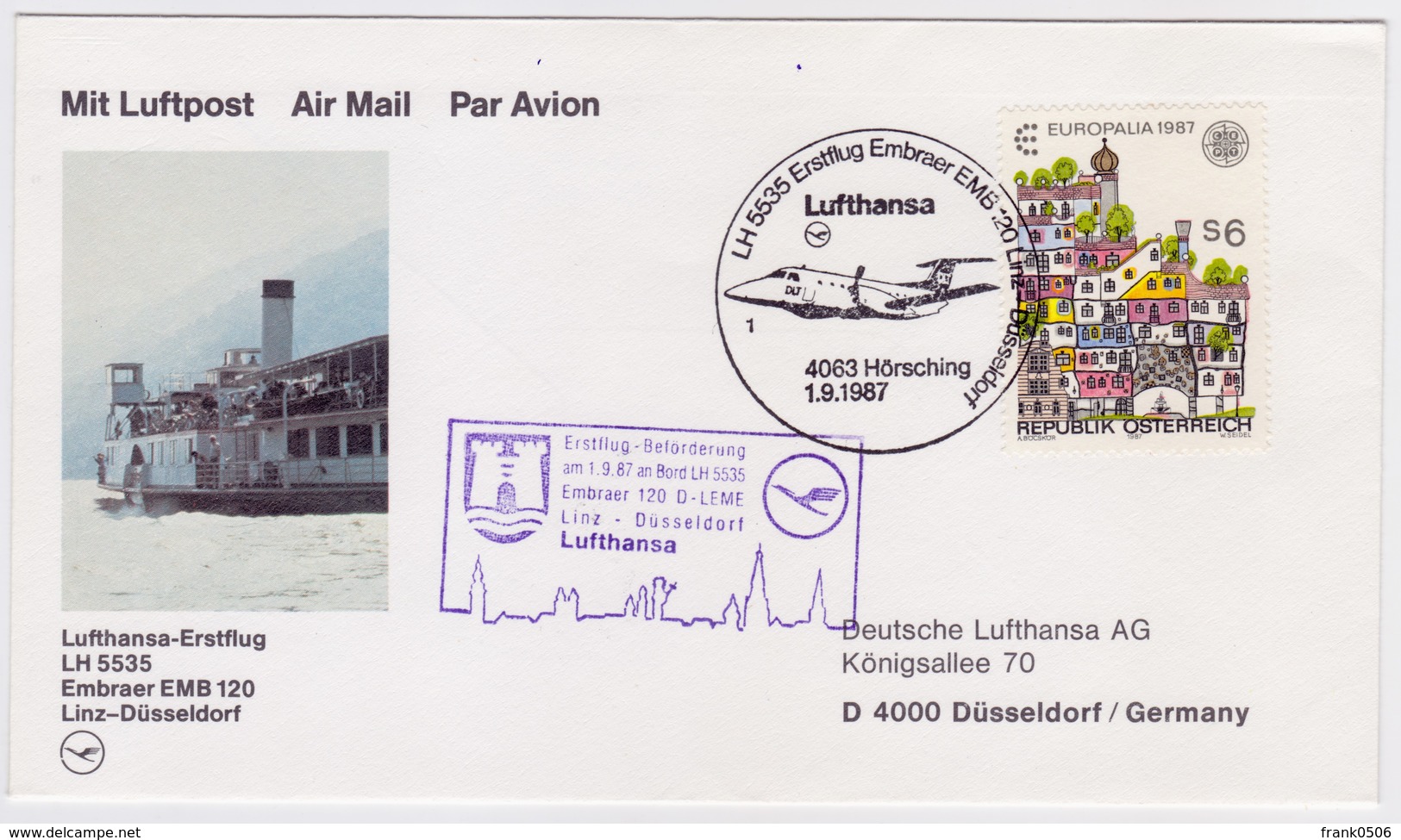 Austria - Germany 1987, Lufthansa First Flight, Linz To Dusseldorf With EMB120 - FDC