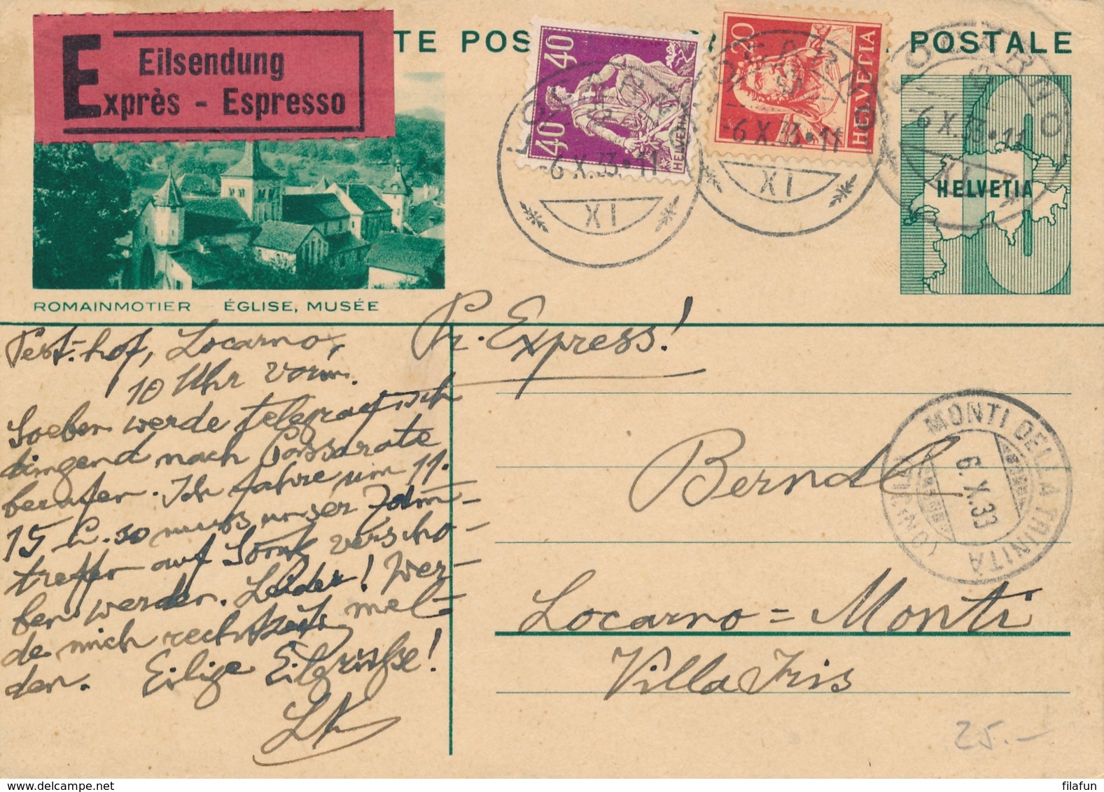 Schweiz - 1933 - 10c Postkarte + 60c Per Exprès From Locarno To Monti Della Trinita - Ganzsachen